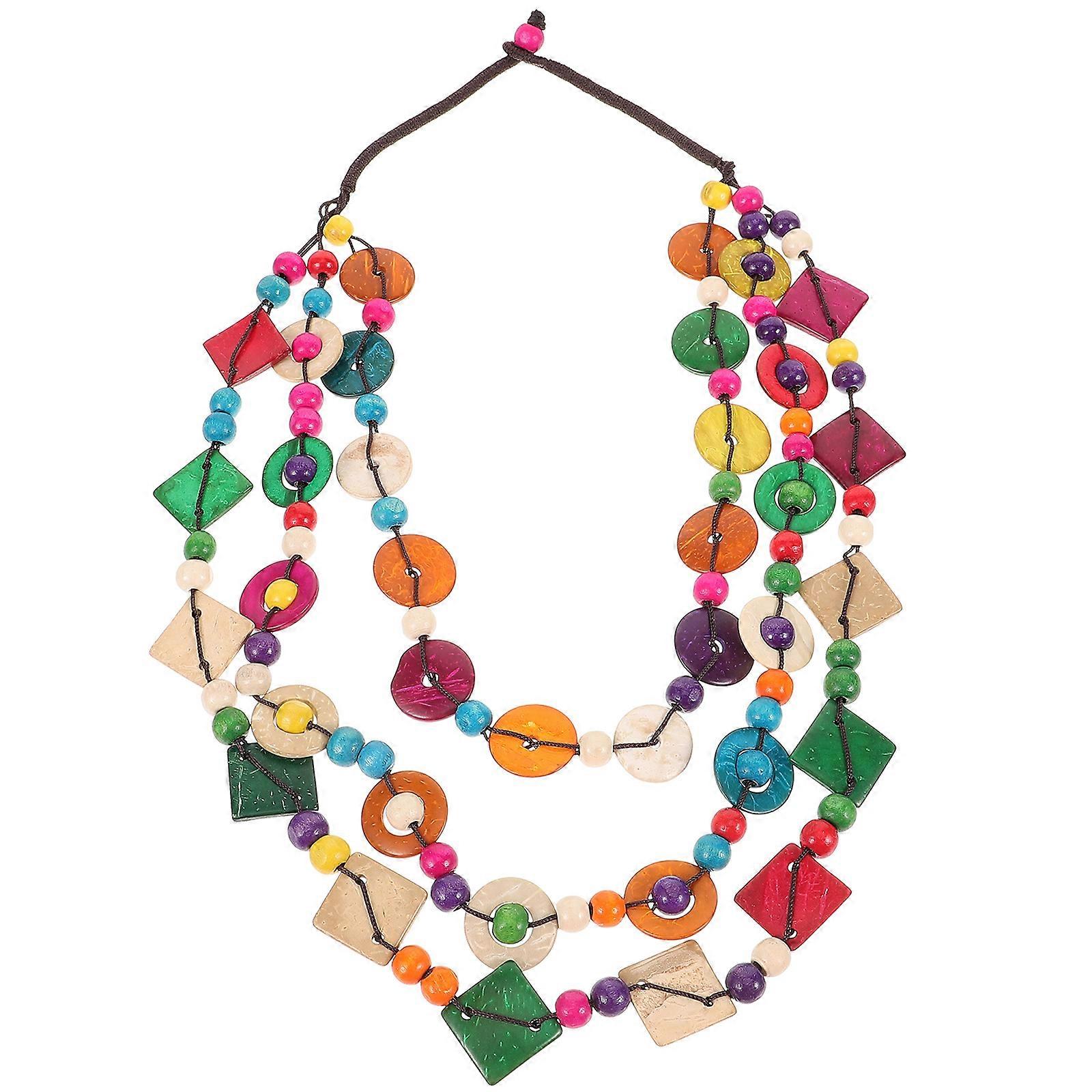 Women Retro Bohemia Style Necklace Coconut Shell Hand-knitted Wooden Beads Beach