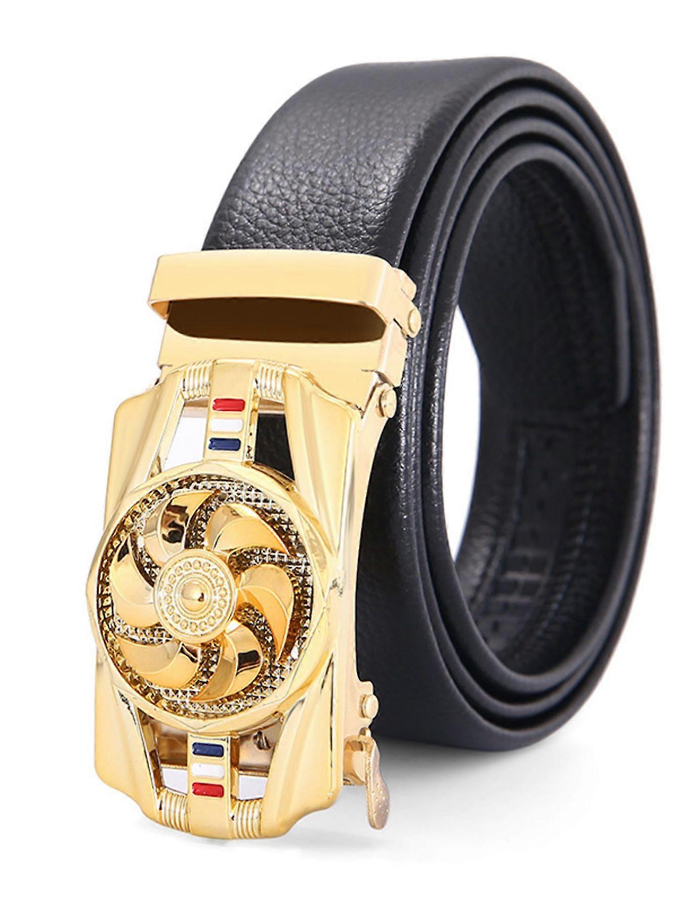 Men Litchi Embossed Fan Decor Automatic Buckle Belt Party
