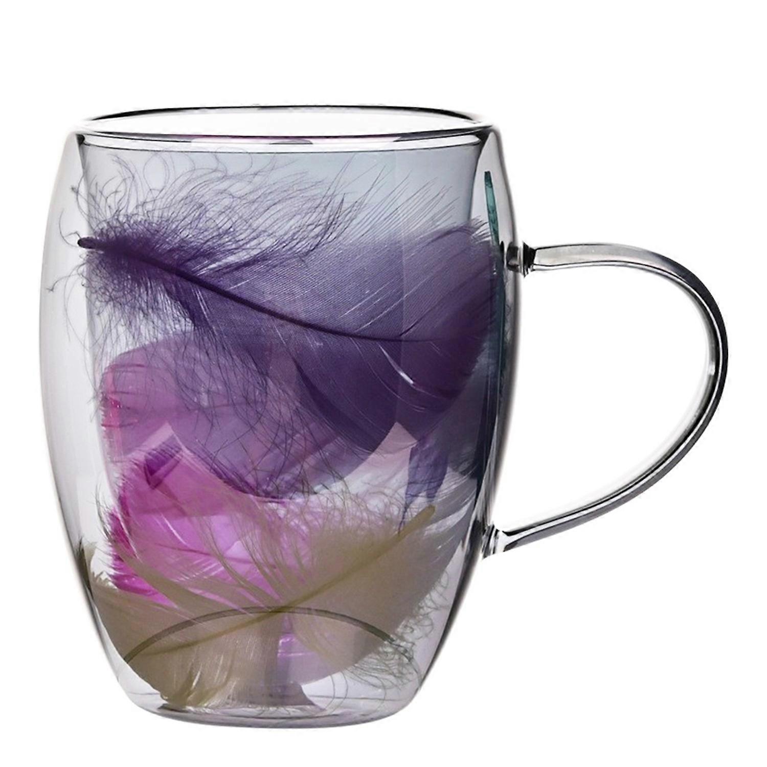 [安德在线]（下单备注：珍珠棉白盒包装）（粉色羽毛杯）1ｐｃｓ双层玻璃杯高颜值创意家用咖啡杯带把手杯子伴手礼（采购价格已含包装）