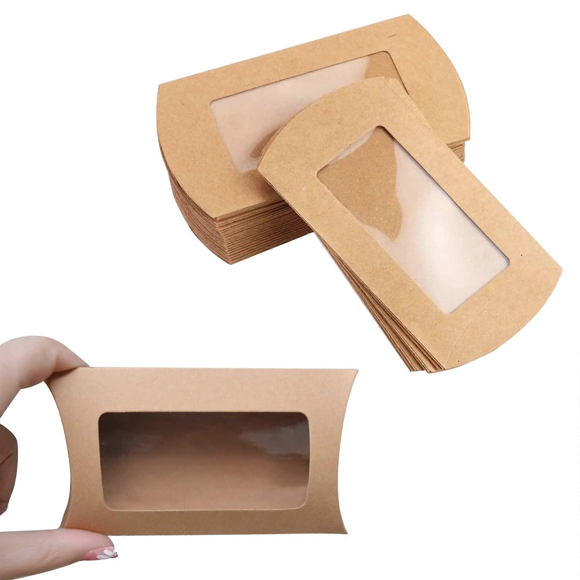 40pcs Kraft Paper Mini Pillow Boxes with Clear Window, 5x3x0.8 in, for Treats and Party Favors