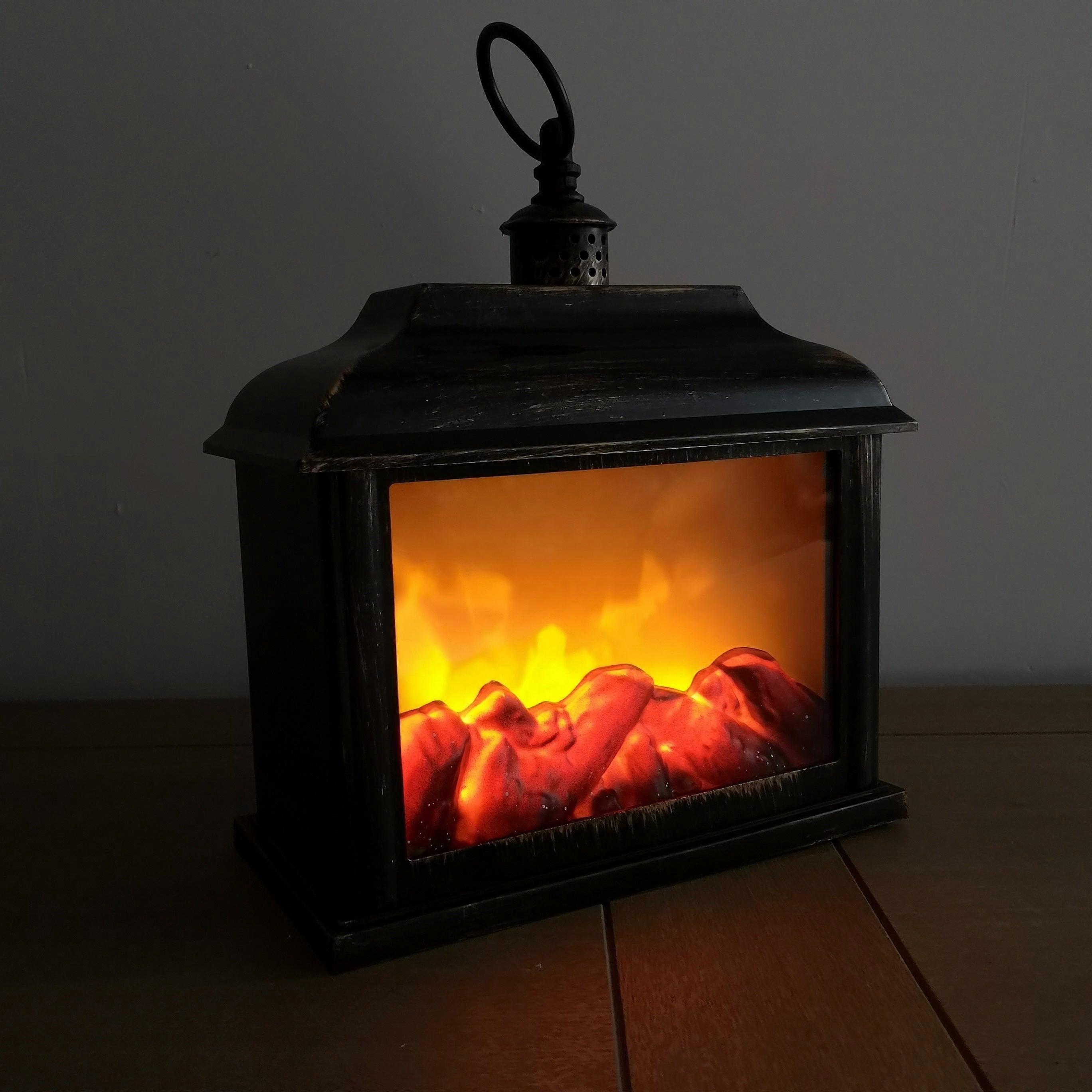 28Cm Premier Christmas Battery Fireplace Lantern With Realistic Flame Effect In Rustic Bronze
