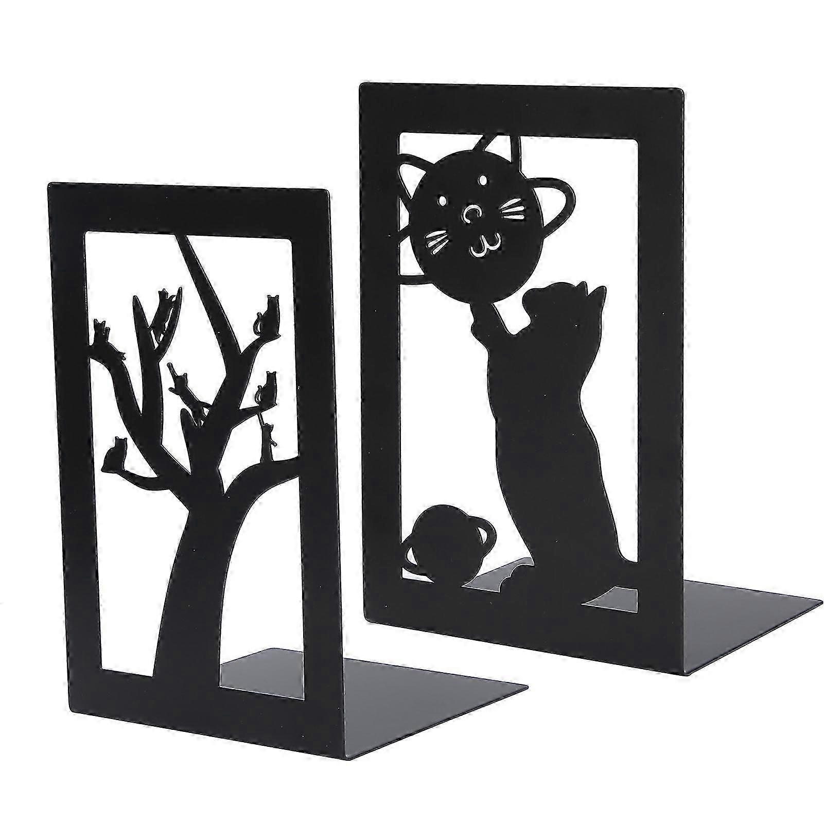 2pcs Metal Bookend Desktop Bookshelf Storage Book Documents Divider Craft Supplies(Cat Tree Cat Planet )