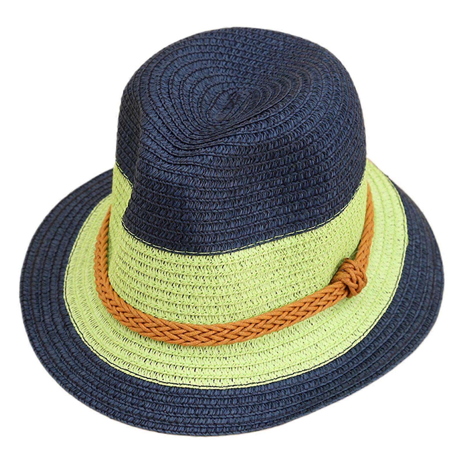 Western Straw Hat Handwoven Breathable Sun Hat British Hat Elegant Braided Belt Straw Hat Boater Hat  Navy blue