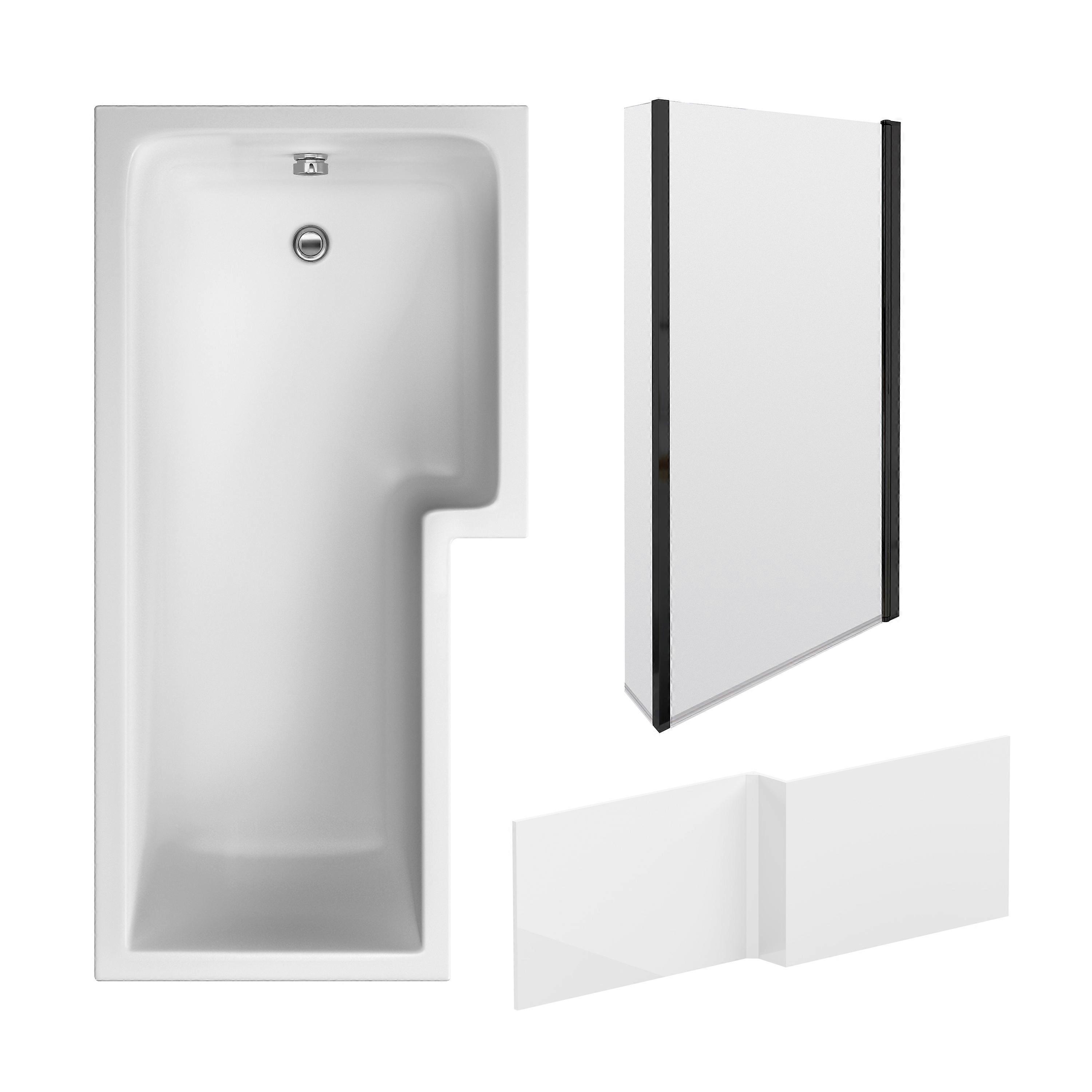 L Shape 1700x850 Shower Bath Set - Front Panel & Black Fixed Return Screen, Right Hand