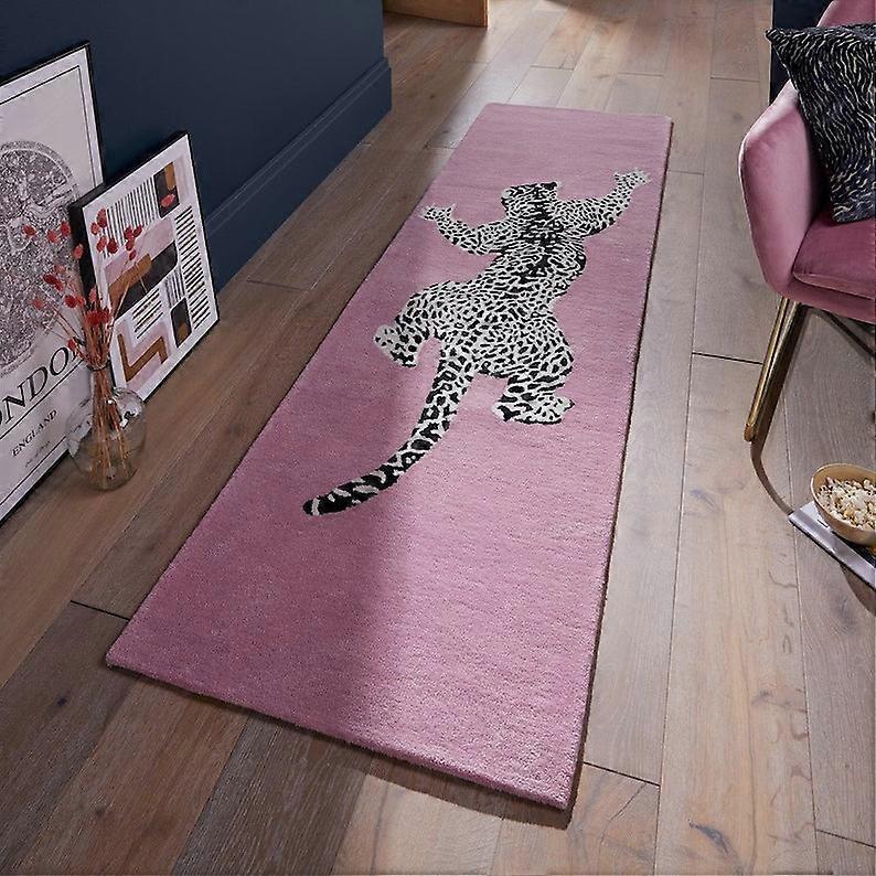 Rida Handloom 手工制作的攀爬豹纹地毯，适用于卧室和楼梯 - 粉色