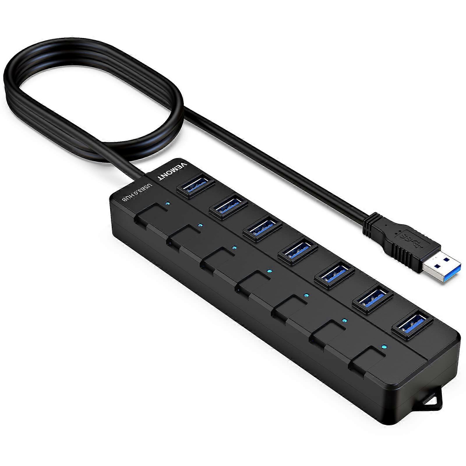 USB Hub 7 Port USB 3.0 Splitter with Individual On/Off Switches and LED Lights, 4ft USB Extension for Laptop and PC