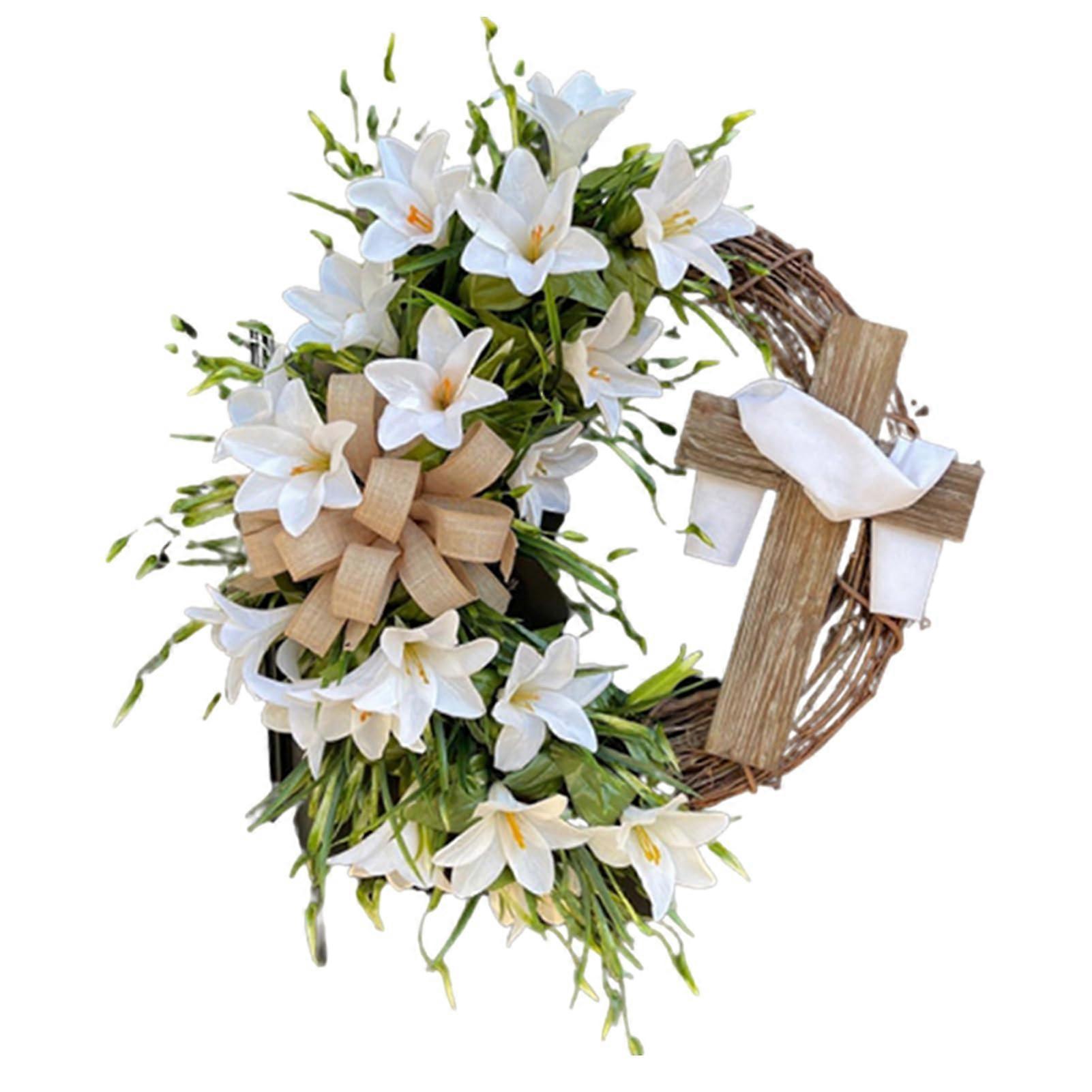 Spring Wreath, Spring Wreath for Front Door with Easter Decorations, Rustic Easter Wreath with Cross, Spring Door Wreath for Wall, Window, Room Home
