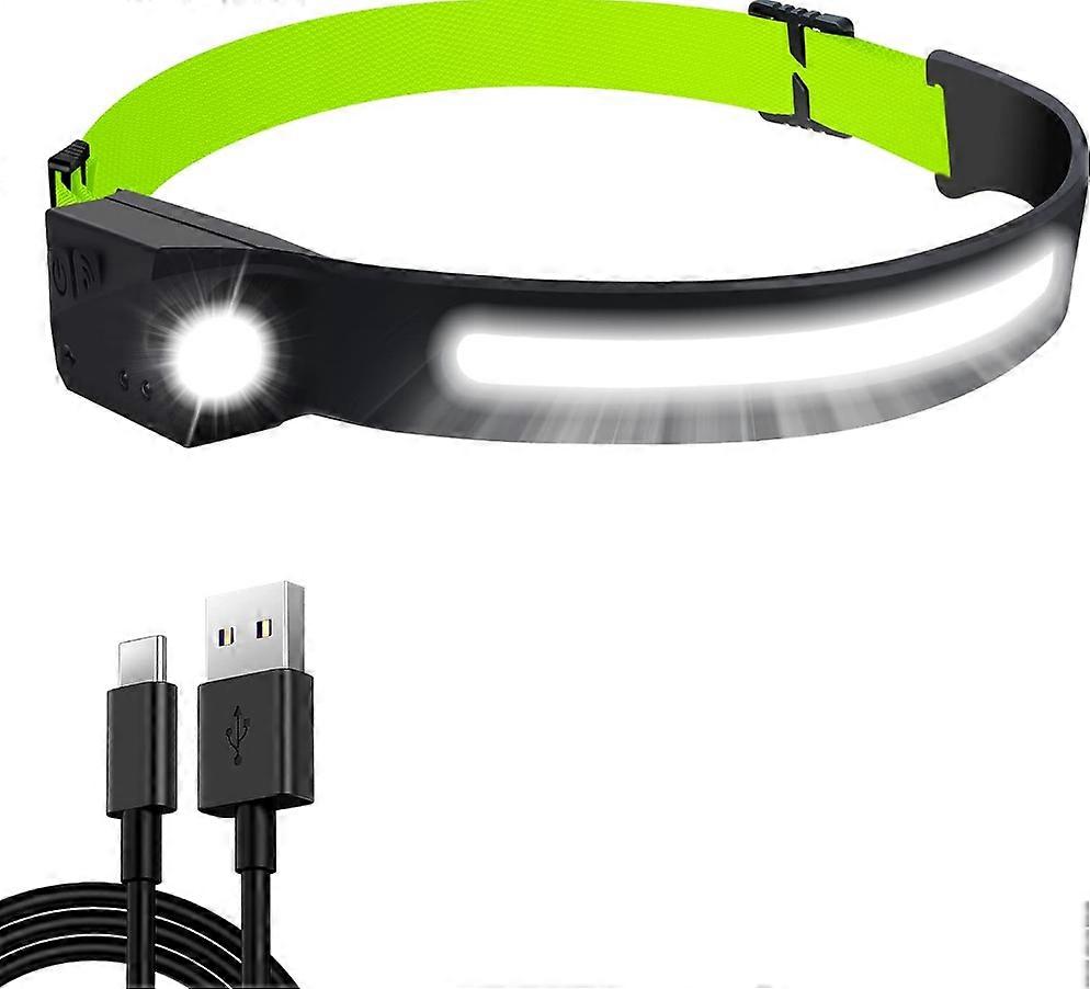 LED Headlamp USB Rechargeable Waterproof 350 Lumen 1200 mAh 230 COB XPE Head Torch IPX4 5 Models LED Headlamp Running, Camping(Green)