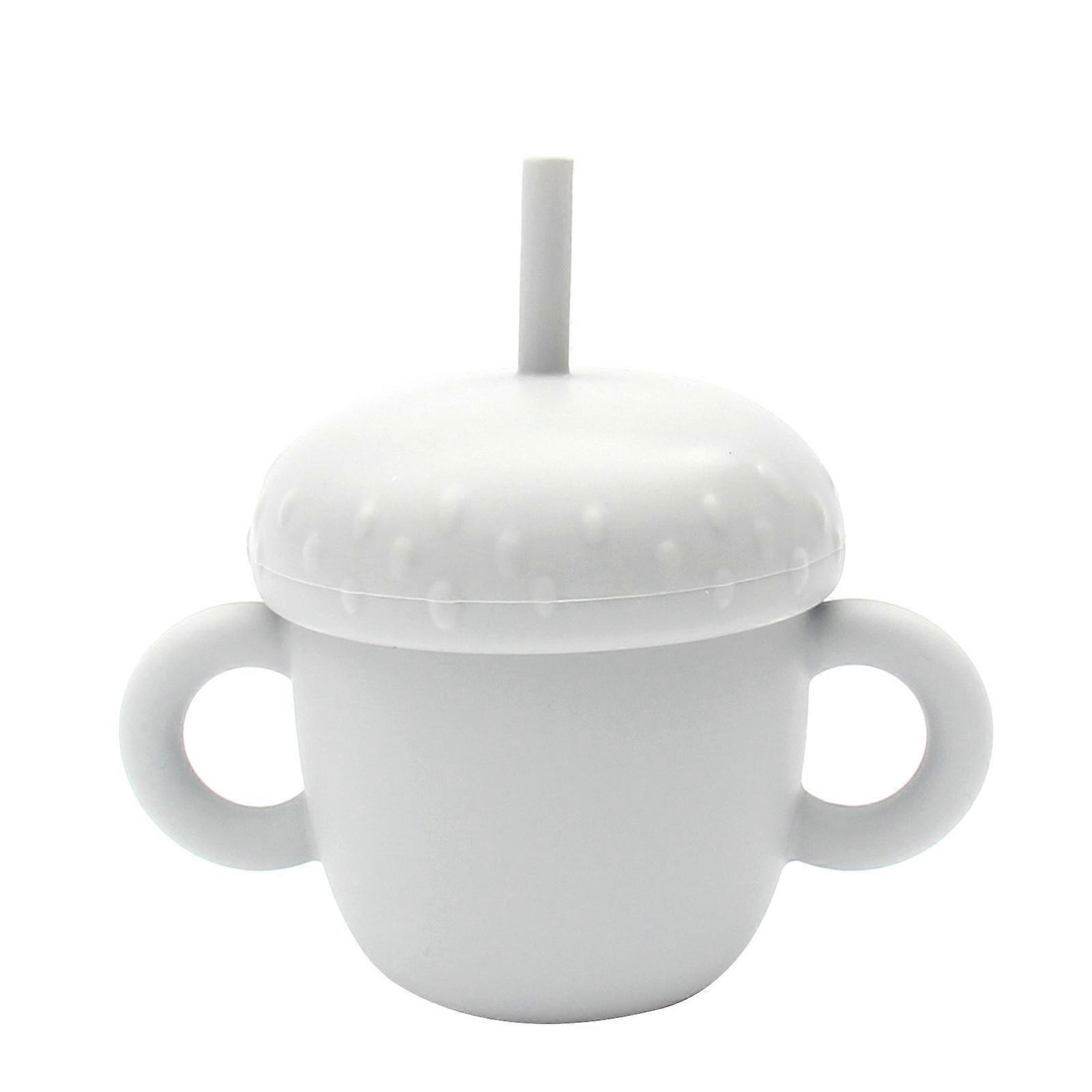 Portable Baby Silicone Cup Infants Feeding Bowl with Double Handle No Spill Feeding Container Straw Water Bottle Light Grey