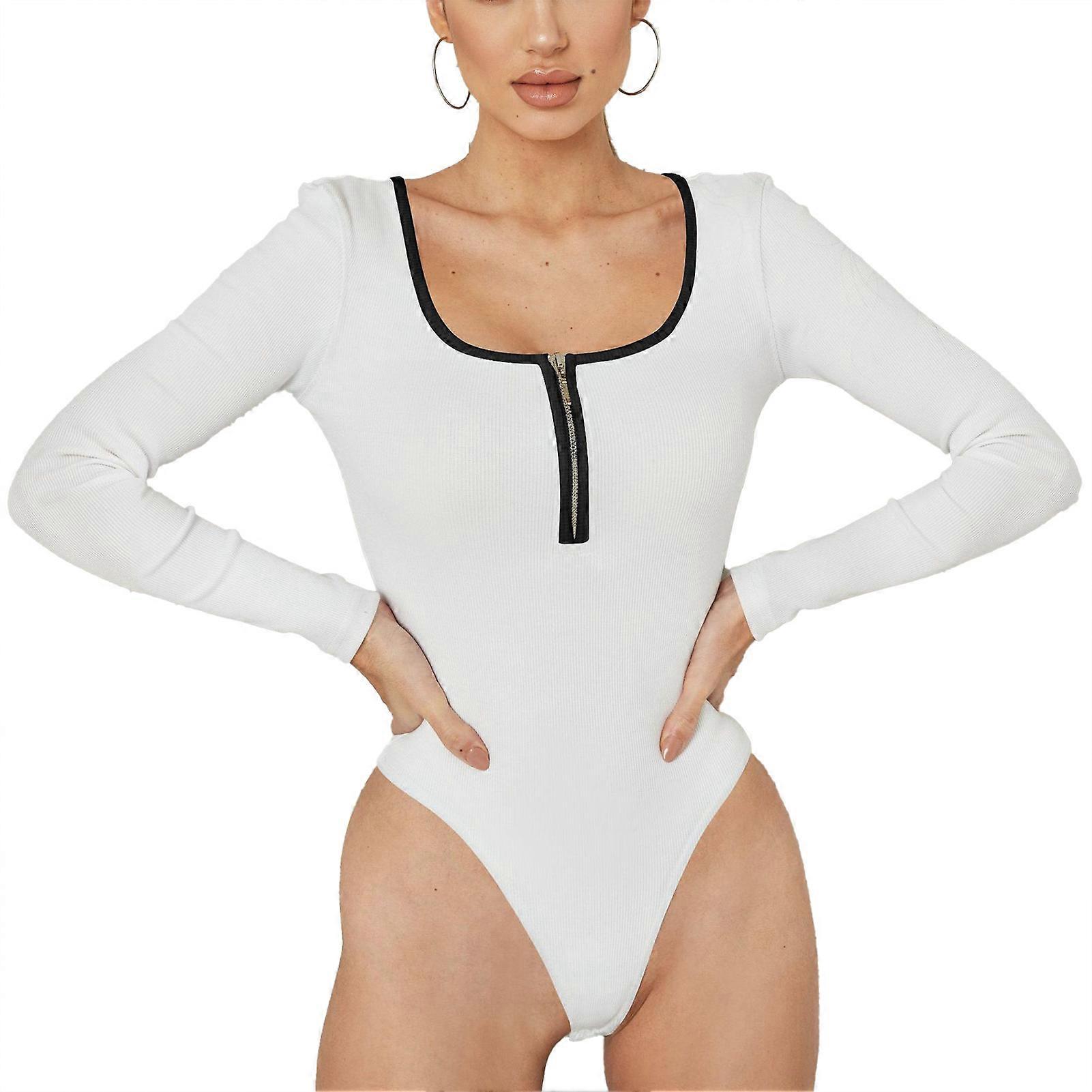Lady Bodysuit Half Zipper Long Sleeved Slim Fit Fashionable Stitching Rib Bodysuit for Women