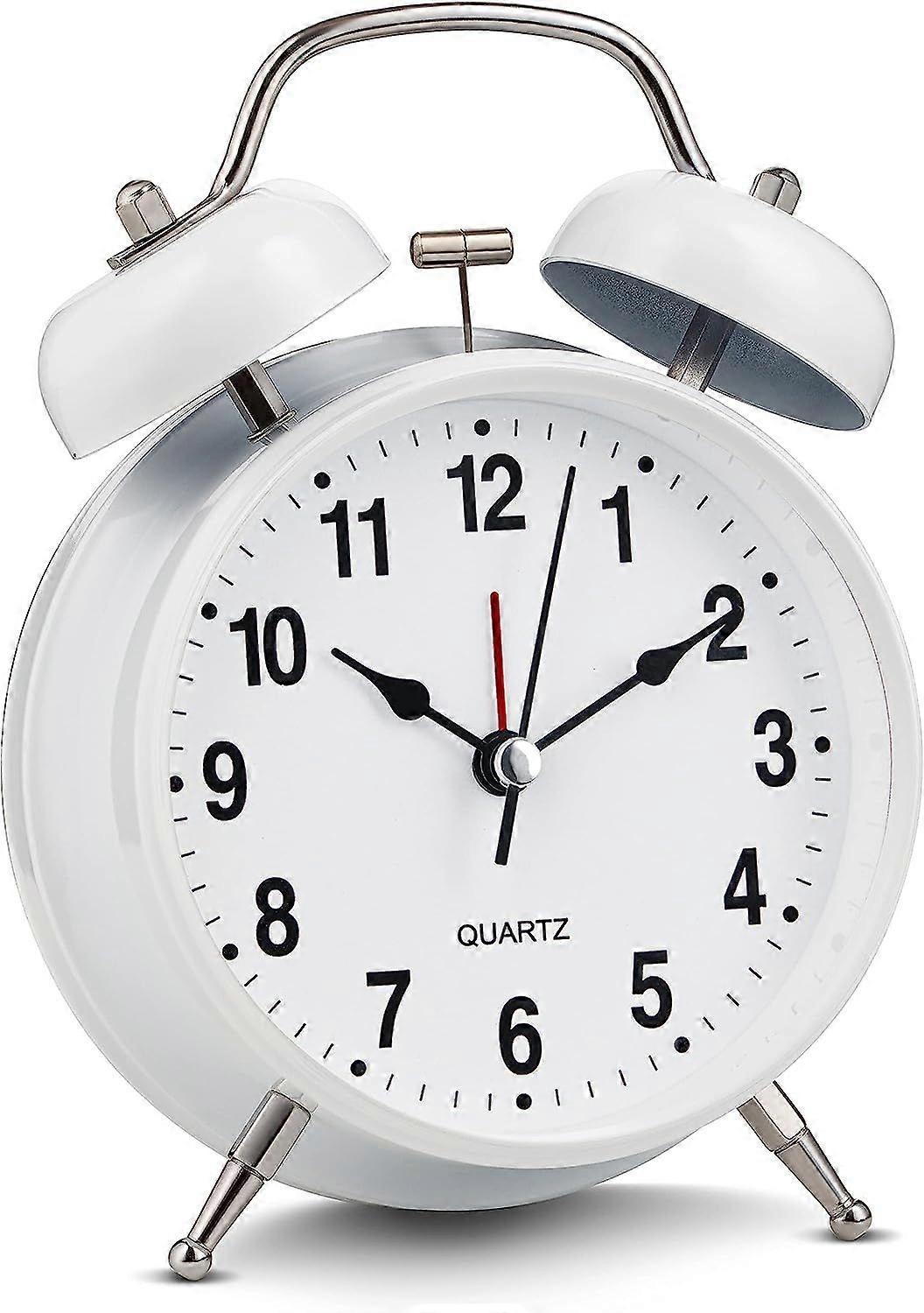 Analog Alarm Clock 4" Twin Bell Black Silent Non-Ticking Quartz Battery Operated Extra Loud with Backlight for Bedside Desk, Retro (white)