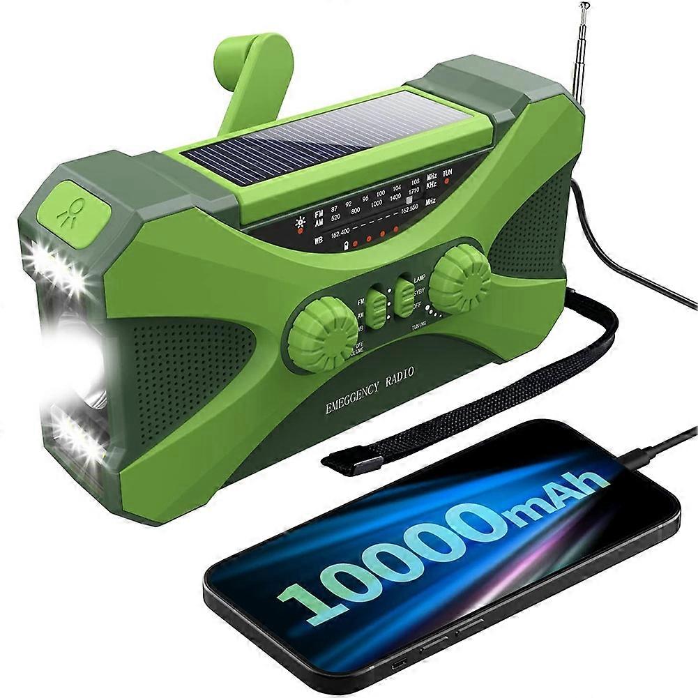 10000mAh nödradio, solcellsdriven handvev med laddare, grön LED