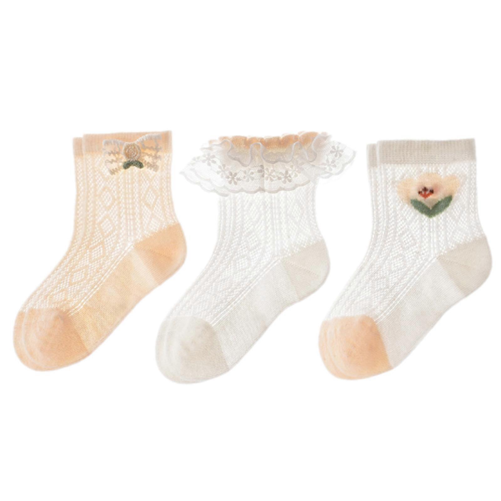 Pack of 3 Pair Toddler Girls Summer Socks Breathable Mesh Fabric Decorative Lace Trim Elastic Ankle Socks for Daily  Lace lace style XL
