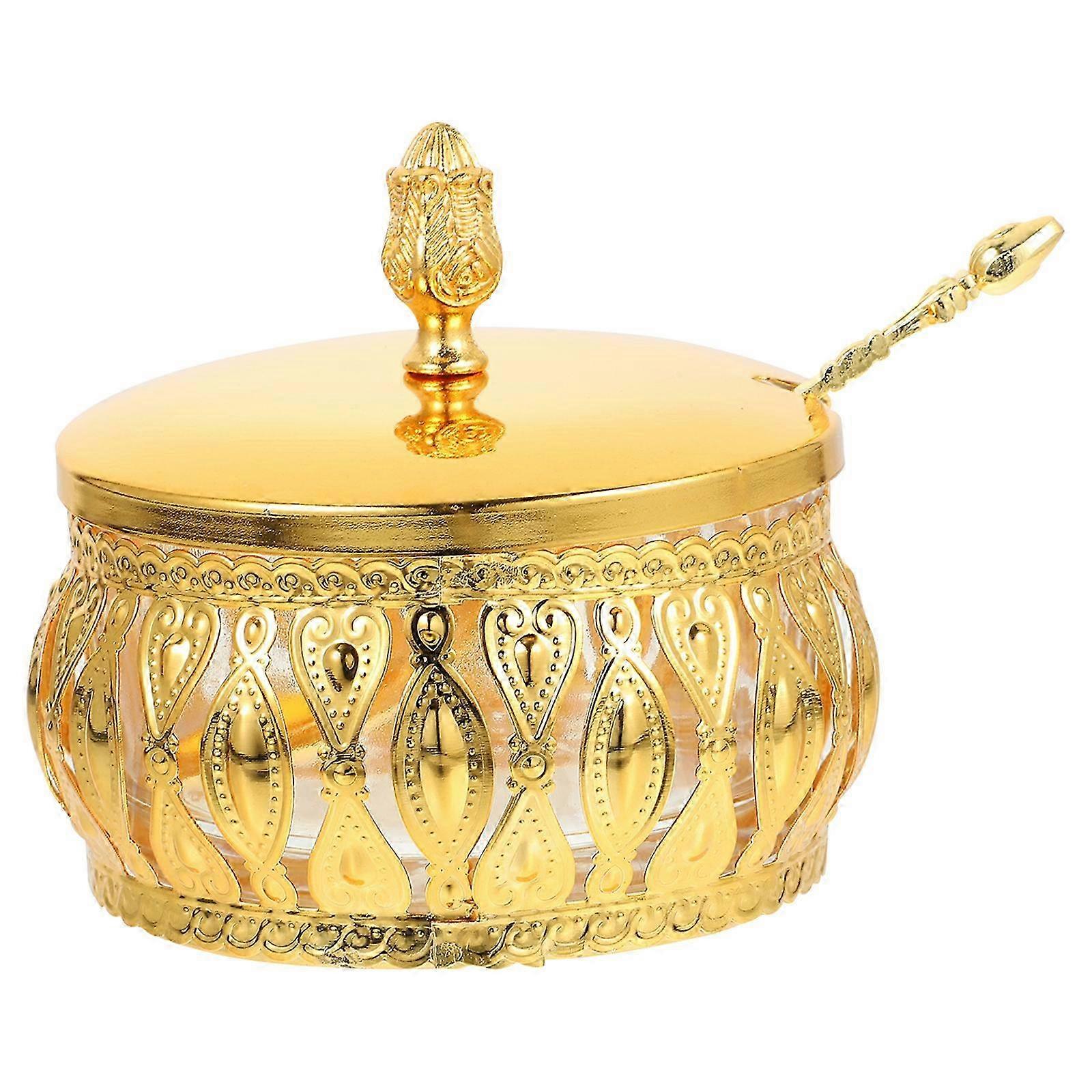 ヨーロピアンスタイルソルトジャー、ふた&スプーン付き - ゴールデンキッチンスパイスキャニスター、9.4x9.2x9.2cm