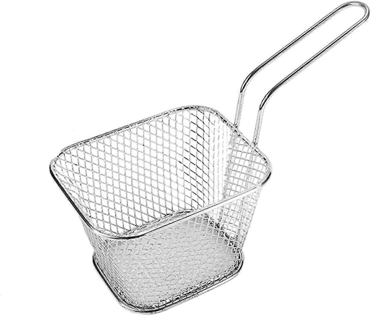 Frying Basket, Stainless Steel, Small with Handle, Square Chip Basket (Silver)