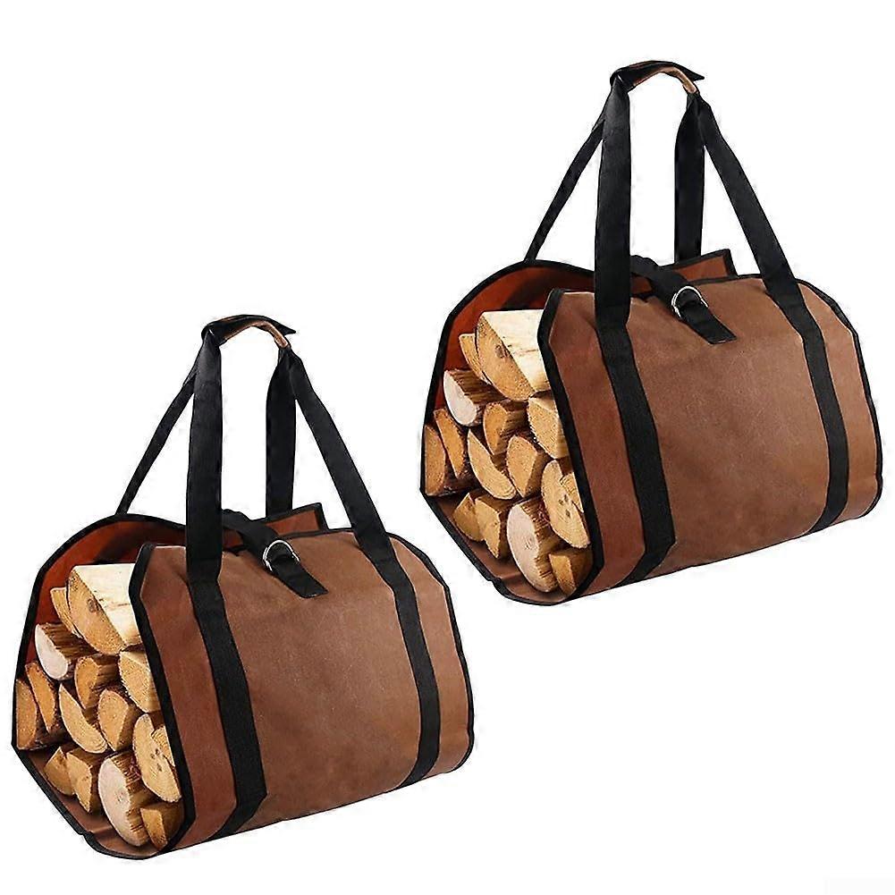 Large capacity fireplace wood carrying bag, 2piece set, waterproof and foldable for convenient use (dark brown)
