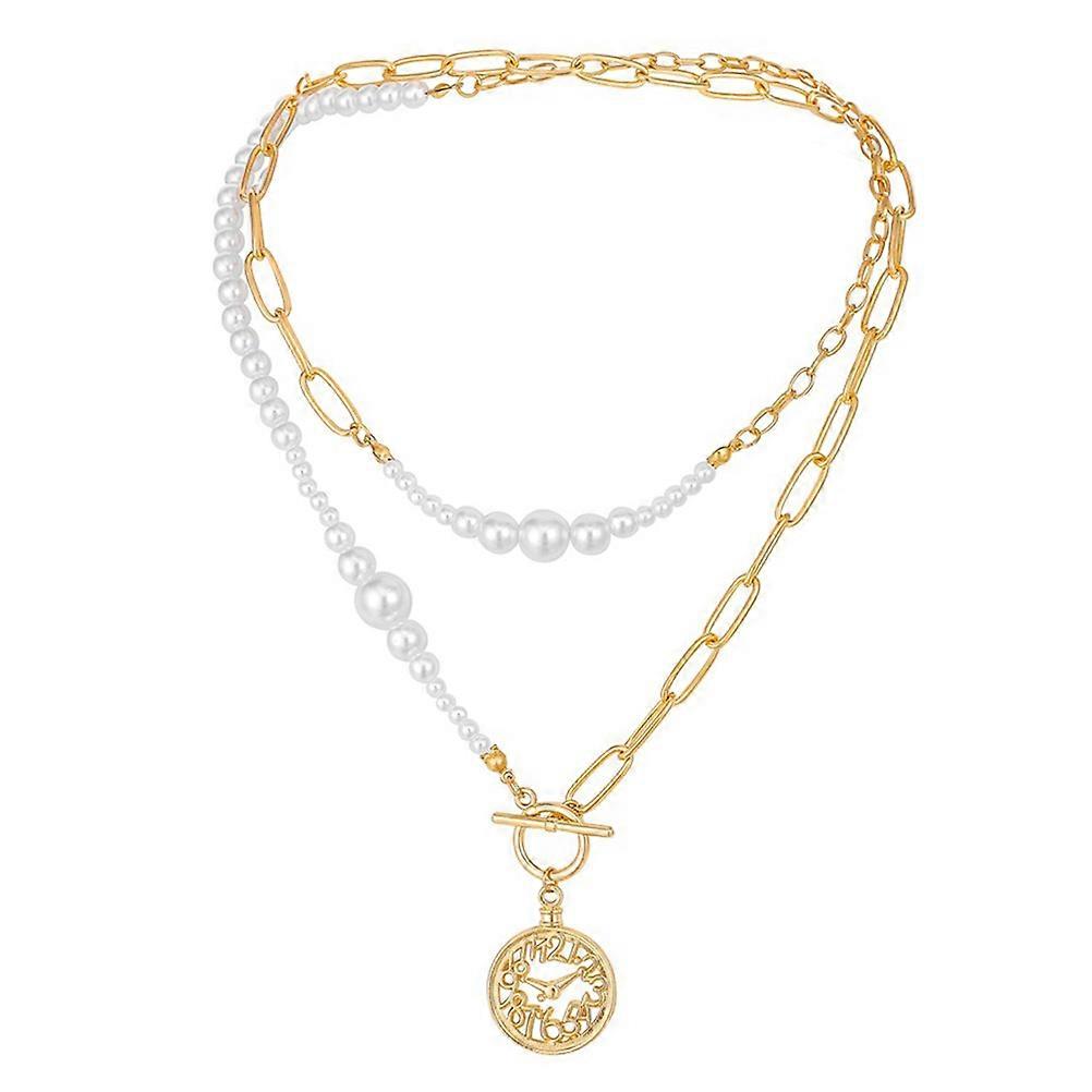 Elegant Double Layer Pearl Chain Necklace with Clock Pendant for Women Assorted Color