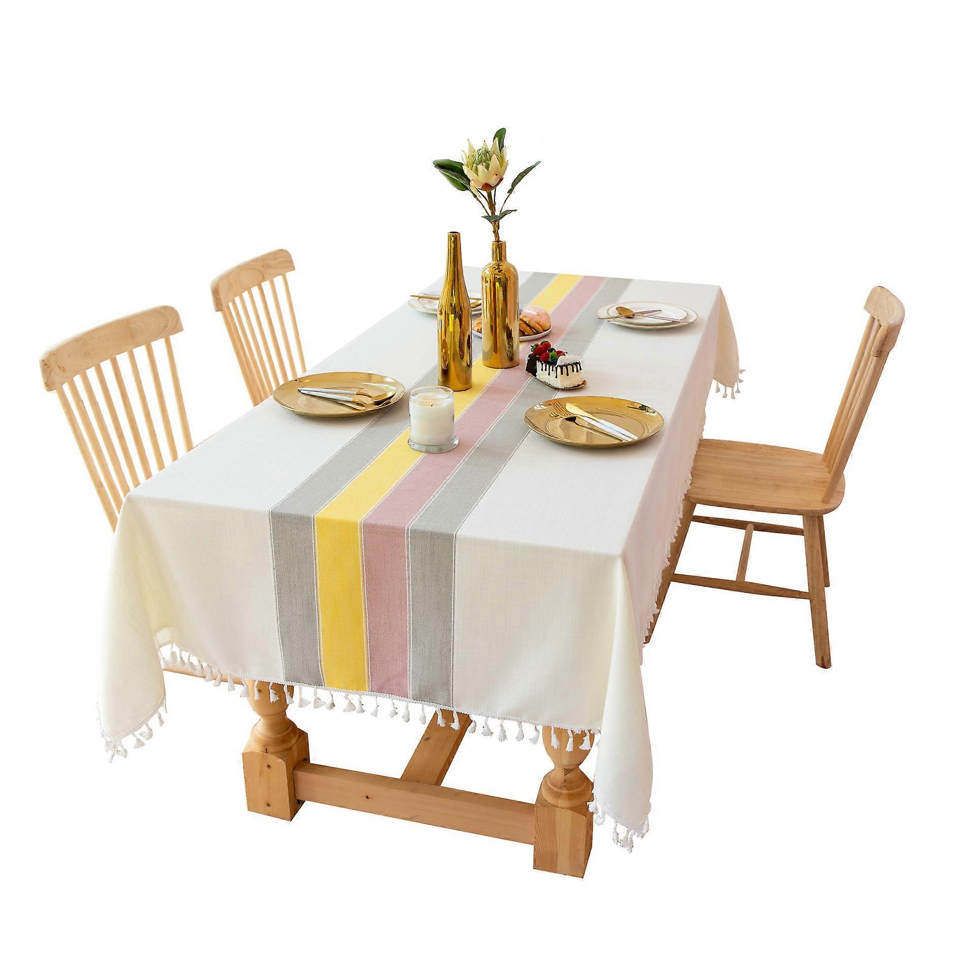 (Lemon, 140x180cm) Tablecloth Rectangular Tablecloth Cotton Linen Wipeable with Fringe.