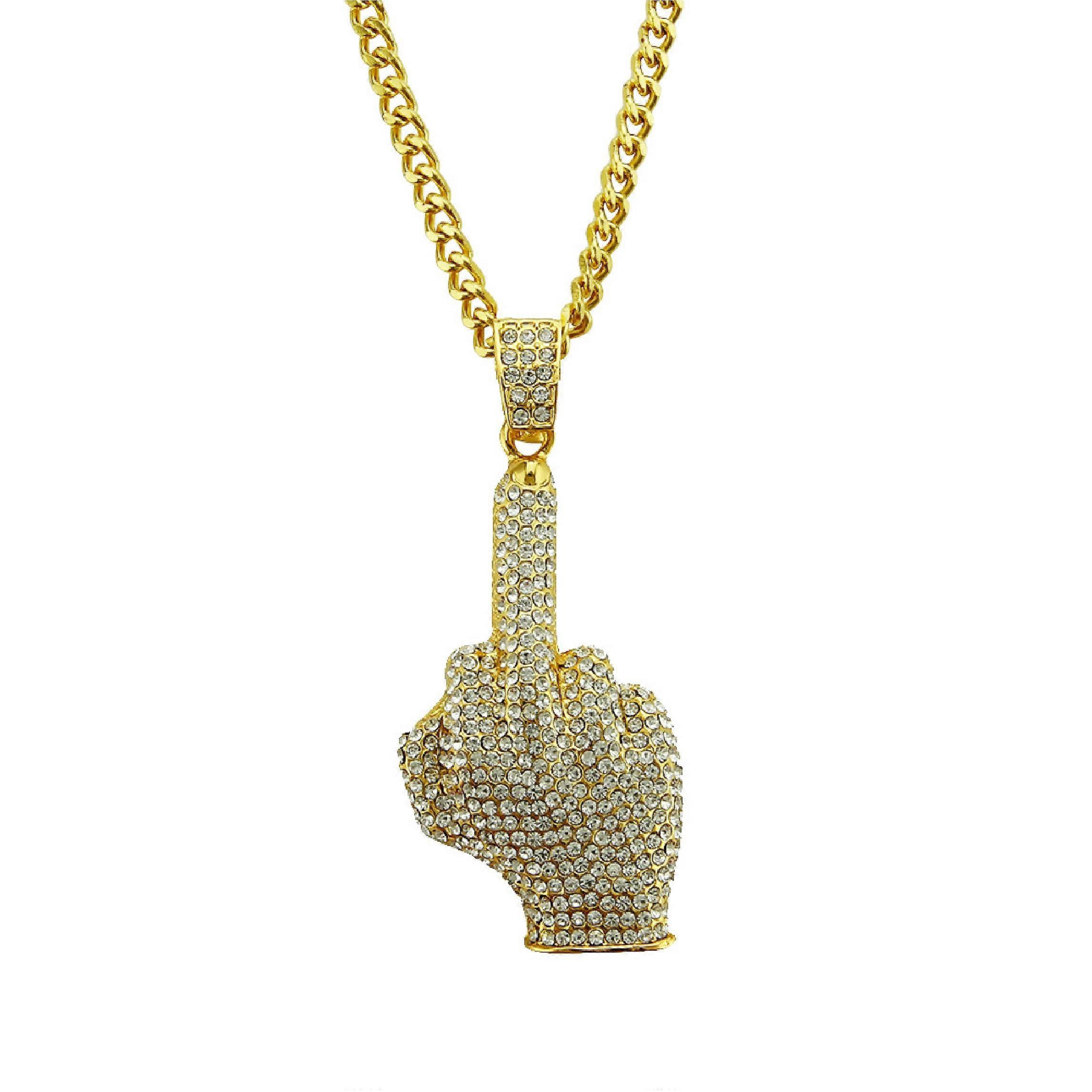 Golden Hip Hop Necklace Middle Finger Hand Pendant for Men, 80s 90s Punk Rock Star Chain, Alloy with Rhinestones