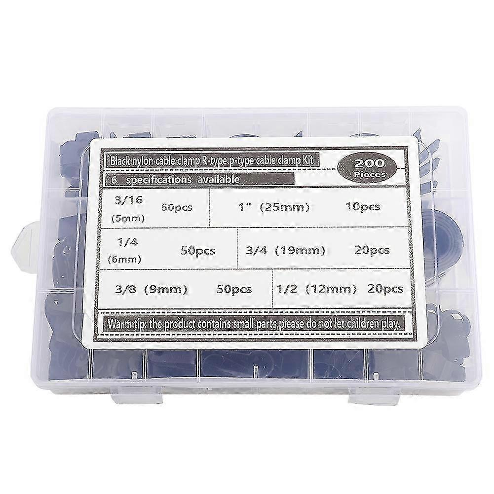 200pcs Plastic Nylon Cable Clamp R Type P Type Wire Clip Fasteners Assorted Box(Black )