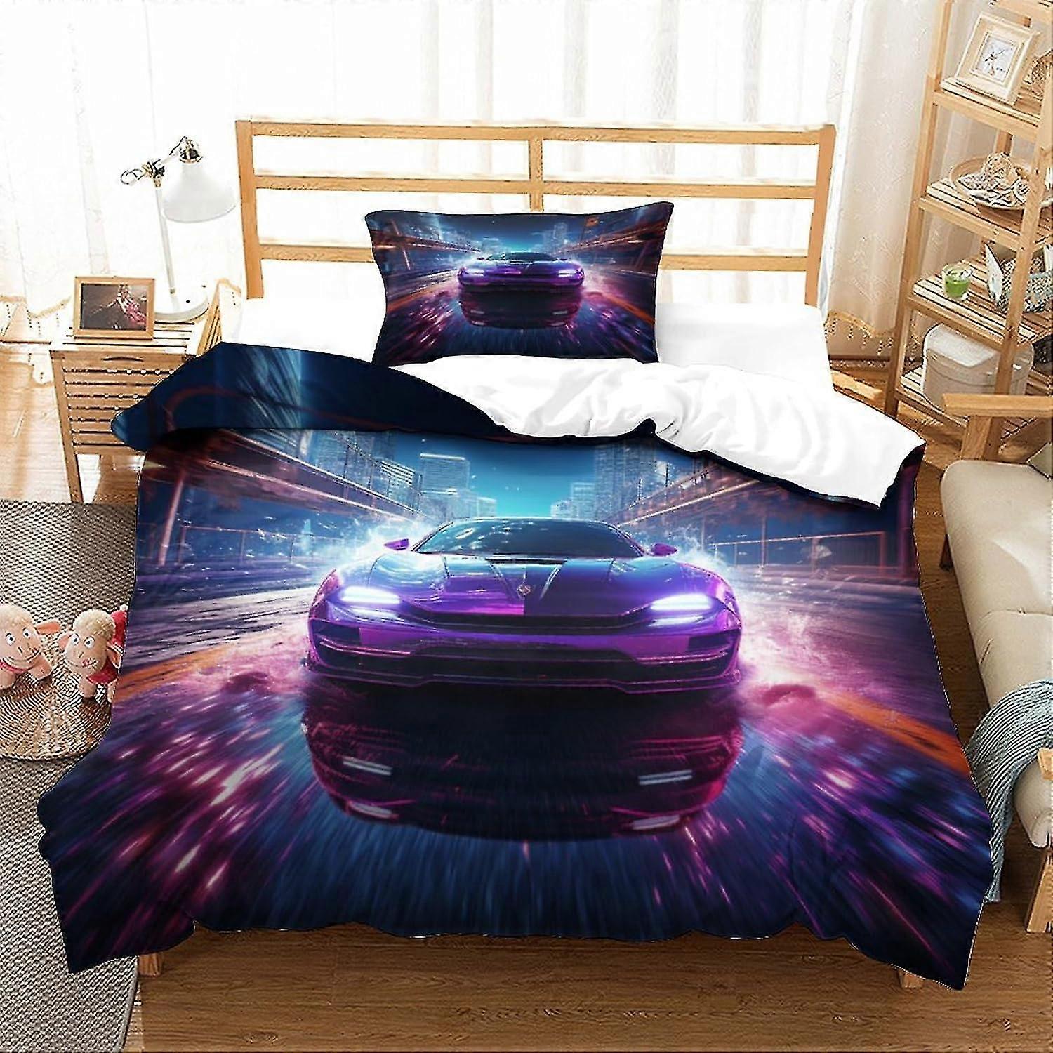 Neon 3D-tryckt påslakan för bil racing för vuxna och barn, enkelstora överkast utan täcke