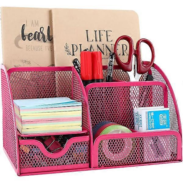 Office Mesh Desk Tidy Versatile Desk Storage Desk Organizer Pen Holder with Drawer, Pink