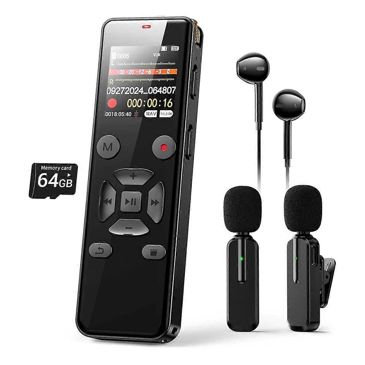 72GB Digital Voice Activated Recorder with Playback, Audio Recorder Device with Wireless Microphone,Noise Reduction