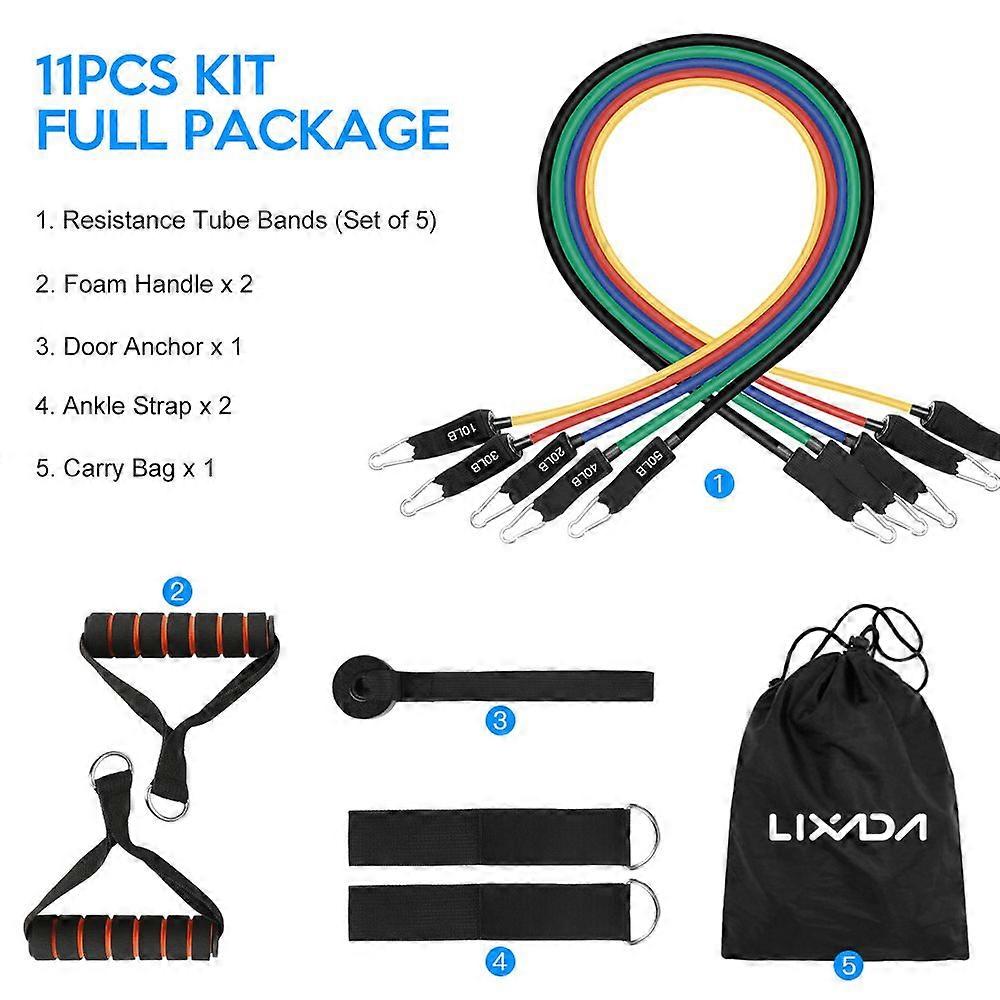 Lixada 11pcs Workout Resistance Bands Set with 5 Exercise Tube Bands Loop Bands Cushioned Handles Jump Rope Door Anchor Ankle Straps Cooling Towel wit