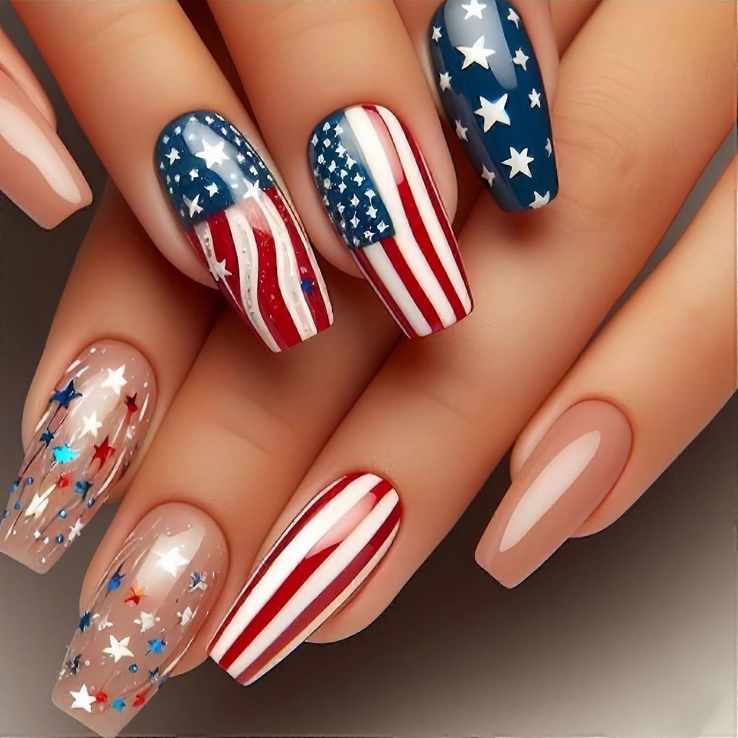 4 de julho Press on Nails Médio Caixão Unhas Postiças Unhas Postiças com Estrelas
