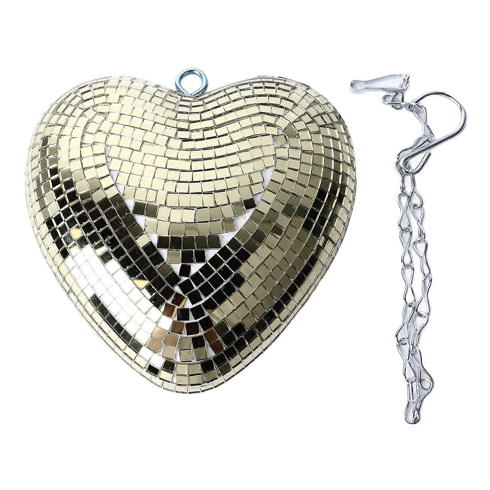 Heart Shaped Mirror Ball Shiny Decorative Reflective Mirror Ball Ornament with Hook Chain for Party KTV Bar Champagne Gold