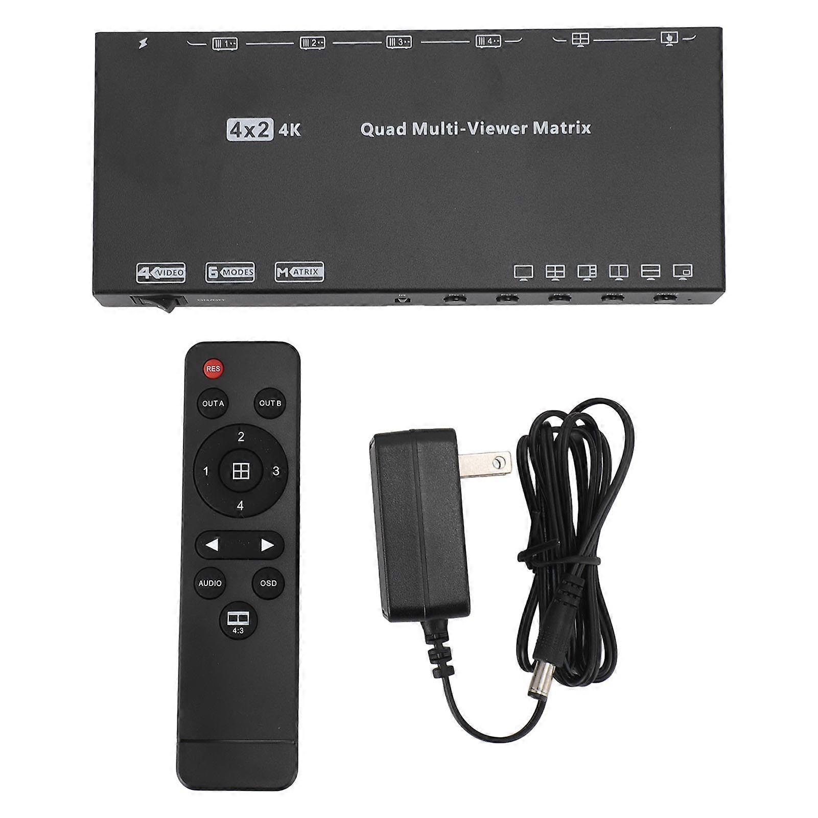 4K 30Hz HDMI Switch Splitter with Remote 4 in 2 Out 6 Split Modes for Laptops