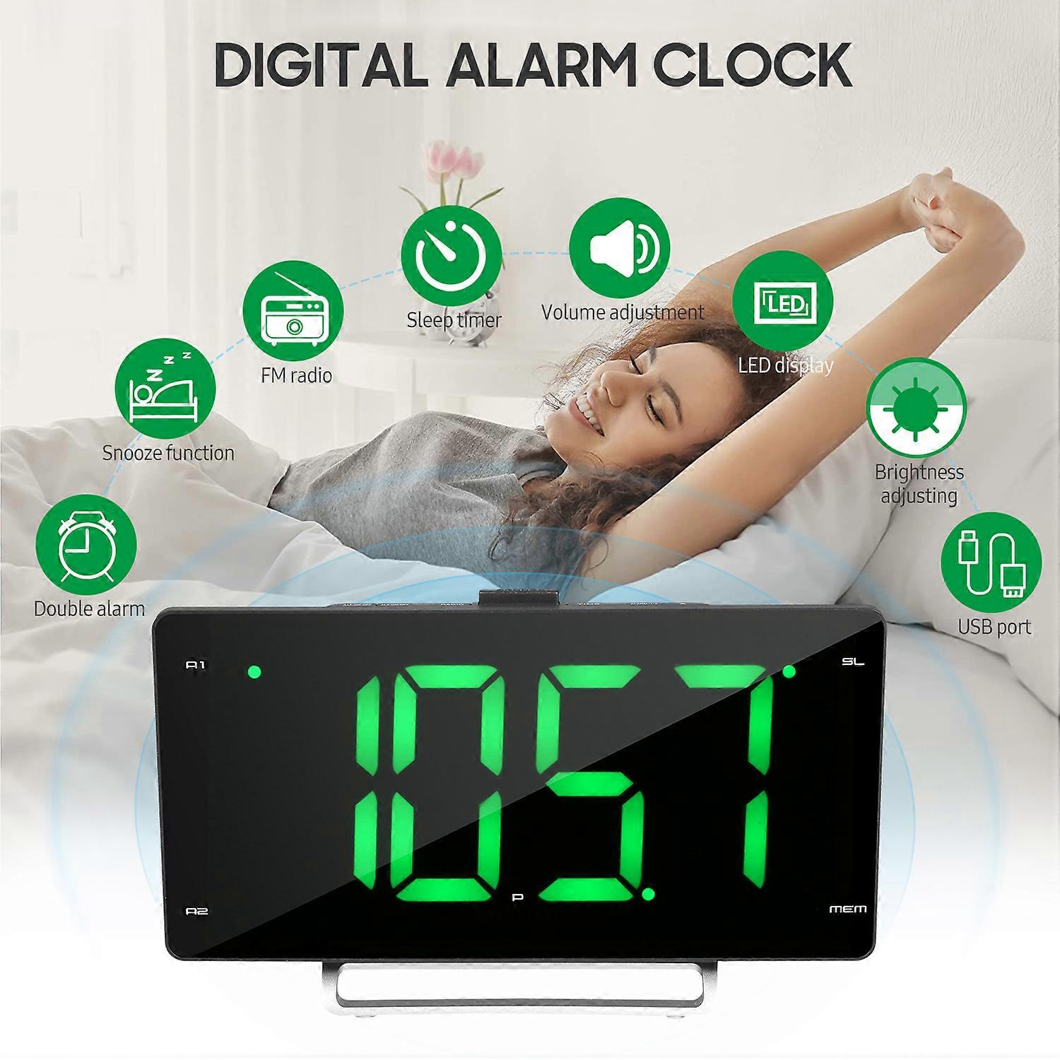Digital Alarm Clock Radio with Dual Alarm Dimmer 9-inch LED Display FM Radio Sleep Timer Adjustable Volume Snooze 2 USB Charging Ports 12/24H Battery