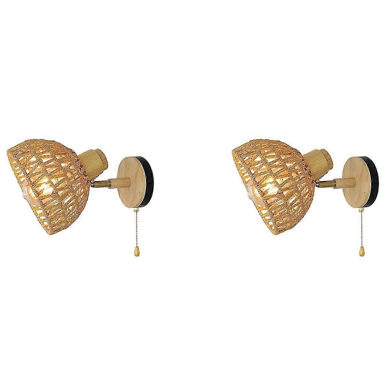 Rattan Wall Sconces Retro Japanese Style Bedside Wall Lamp EU Plug