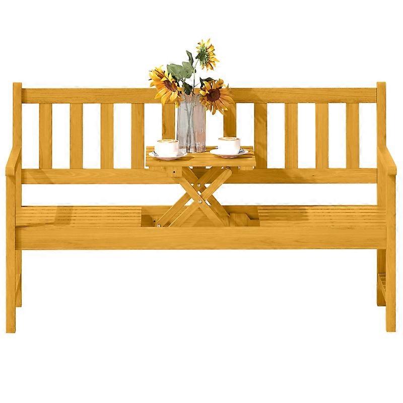 Outdoor wooden bench with backrest and armrests, foldable table, weather-resist