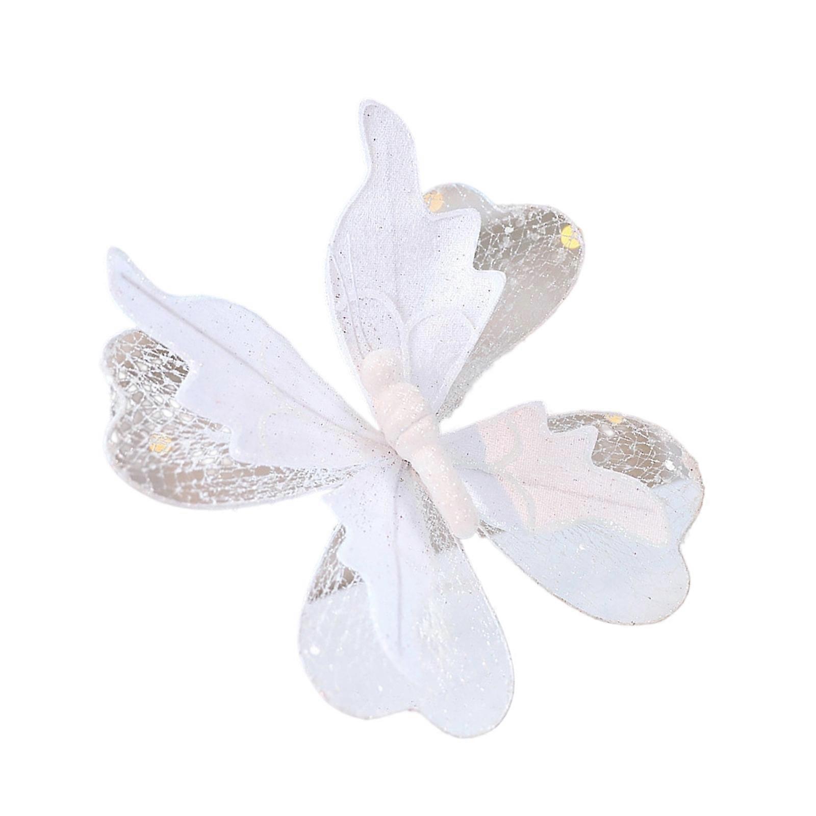 Glittering Butterfly Christmas Decoration Shatter Resistant Fabric Mesh Hanging Ornament For Mantel Window Display  White