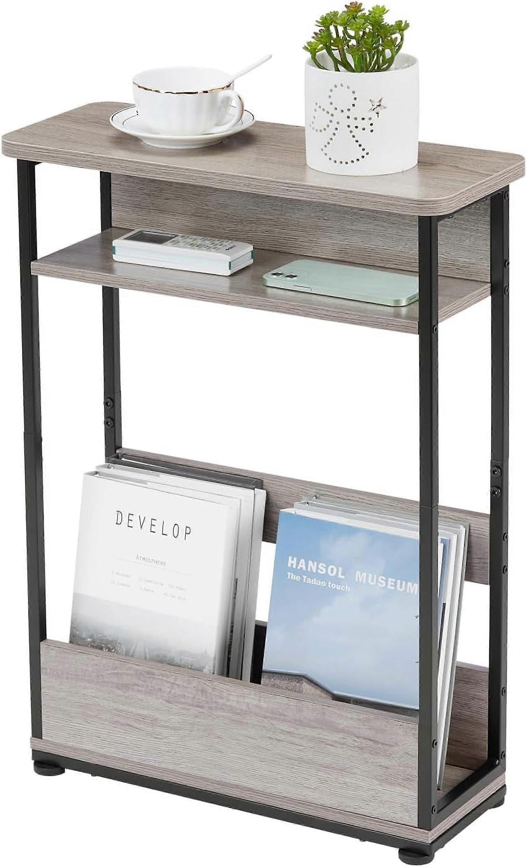 Slim 3-Tier Narrow Side Table with Storage Shelf, Modern Thin Sofa Table for Small Spaces, Skinny Bedside Nightstand with Magazine Rack - Brown