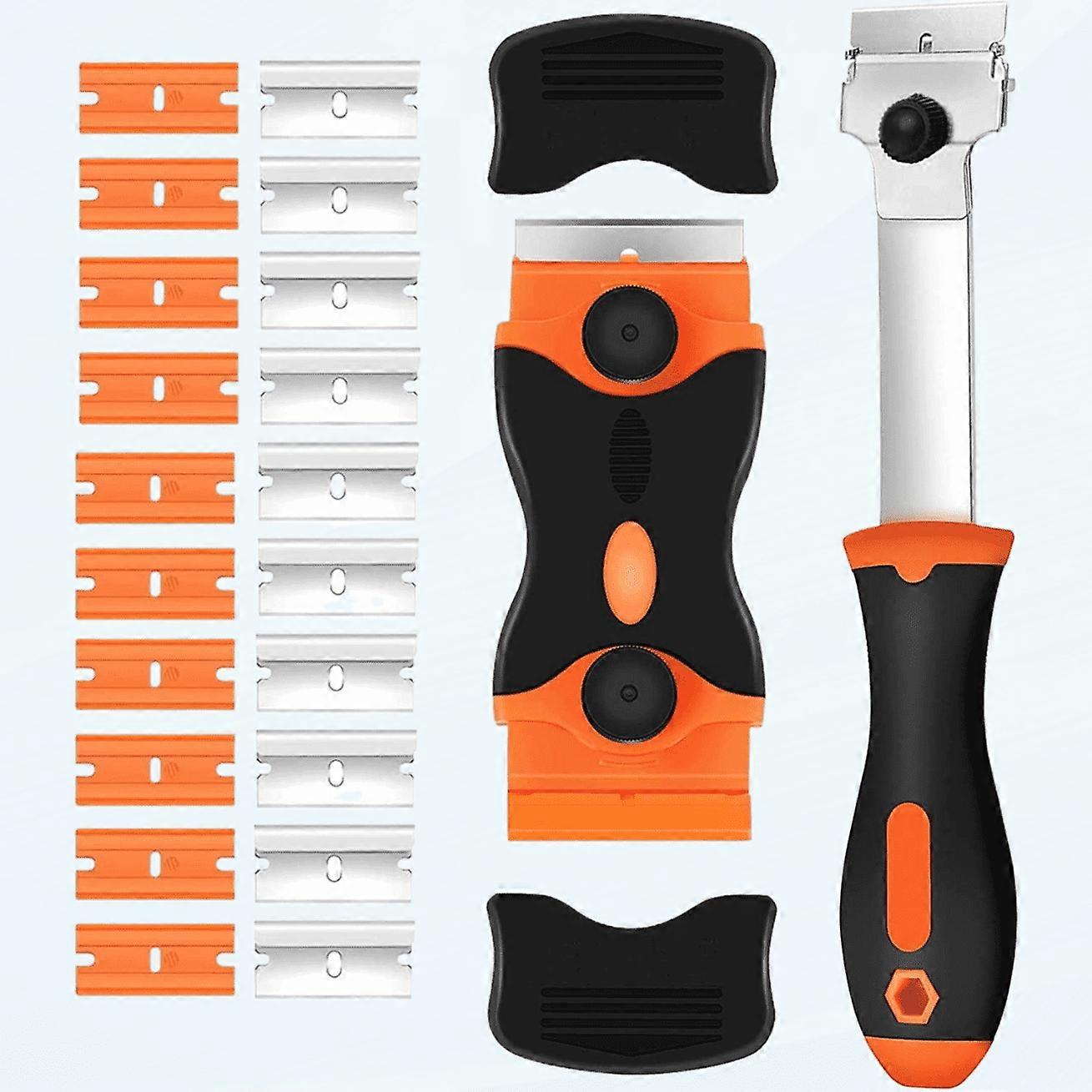 Razor Blade Scraper 2Pcs Glass Scraper with Long Handle, Tool Set with 10 Metal & 10 Plastic Blades for Labels, Stickers, Paint on Glass