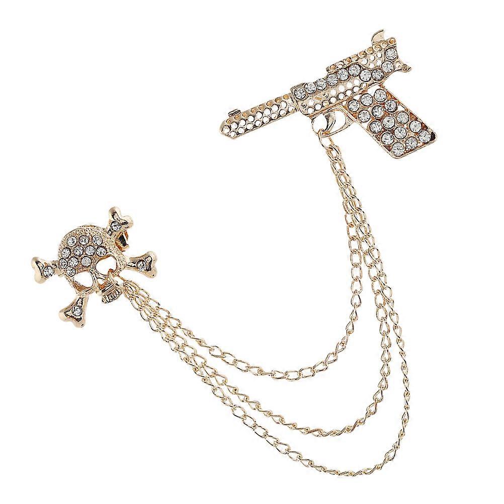 Golden Skull Lapel Pin Rhinestone Brooch with Chain Tassel 3Pcs Set