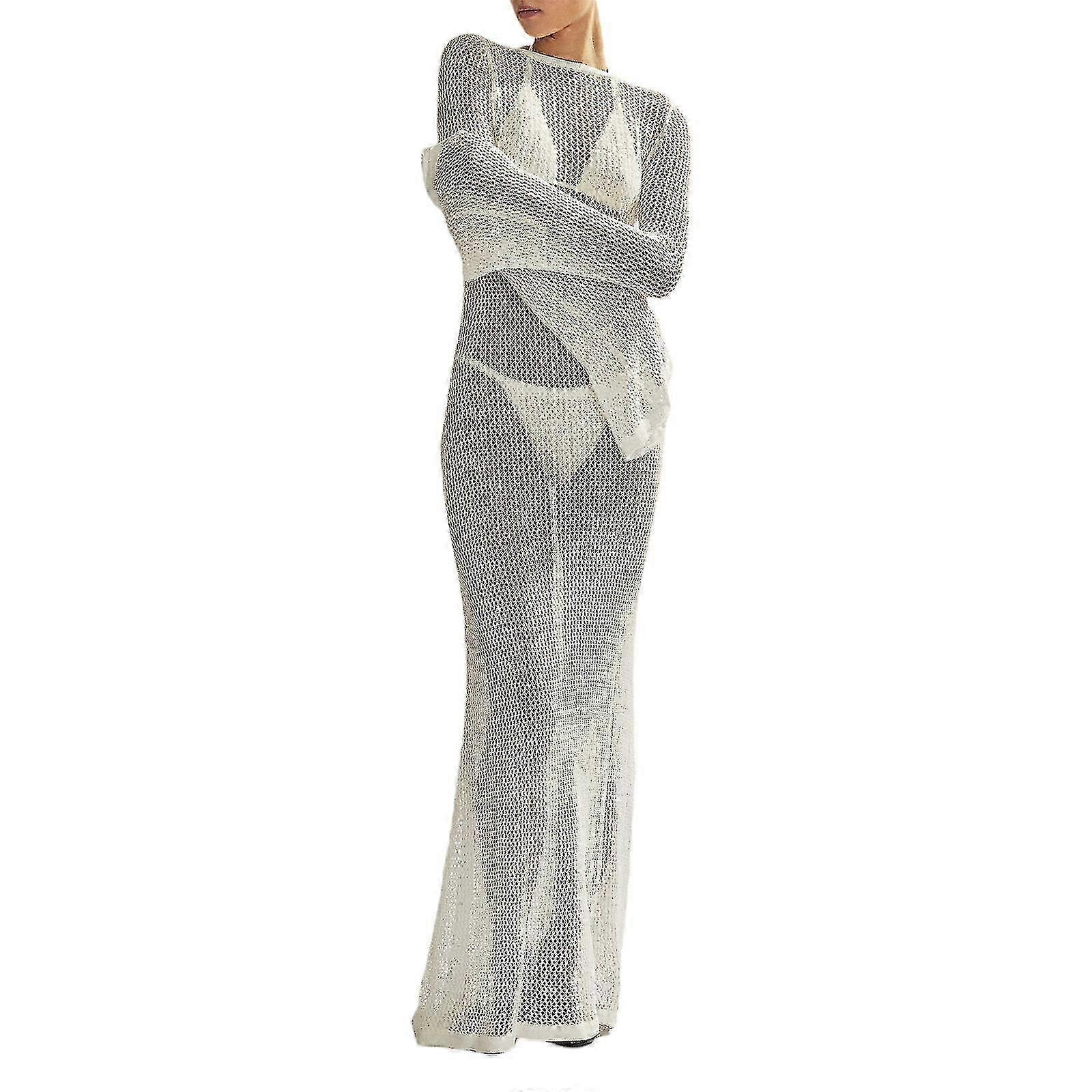 Kvinnors virkad stickad täckklänning ihålig, transparent mesh-lång klänning