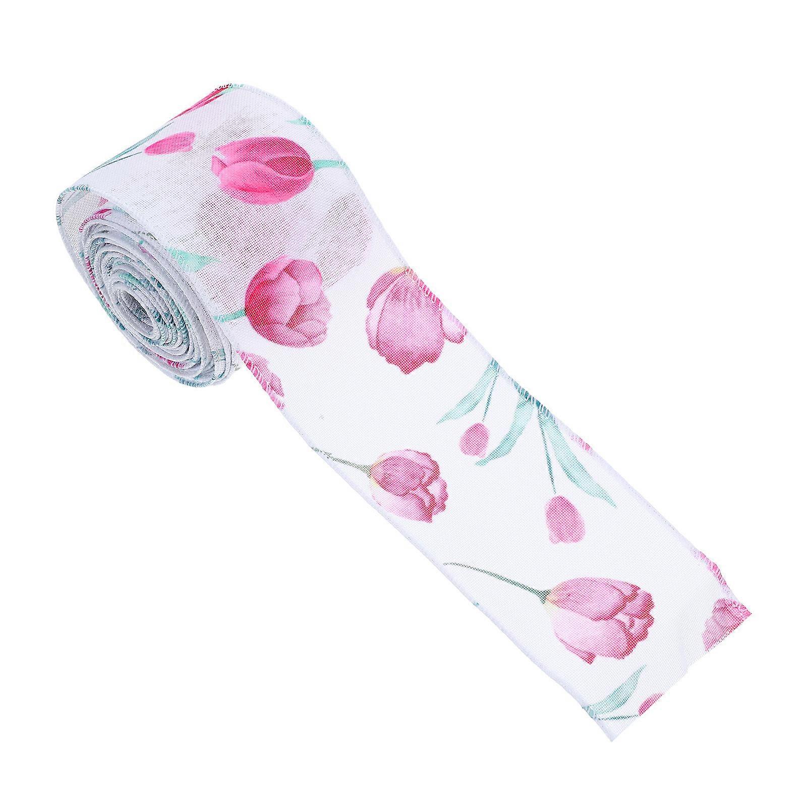 White Spring Ribbon with Floral Print for Handmade Decorations 1 Roll Wired Edge