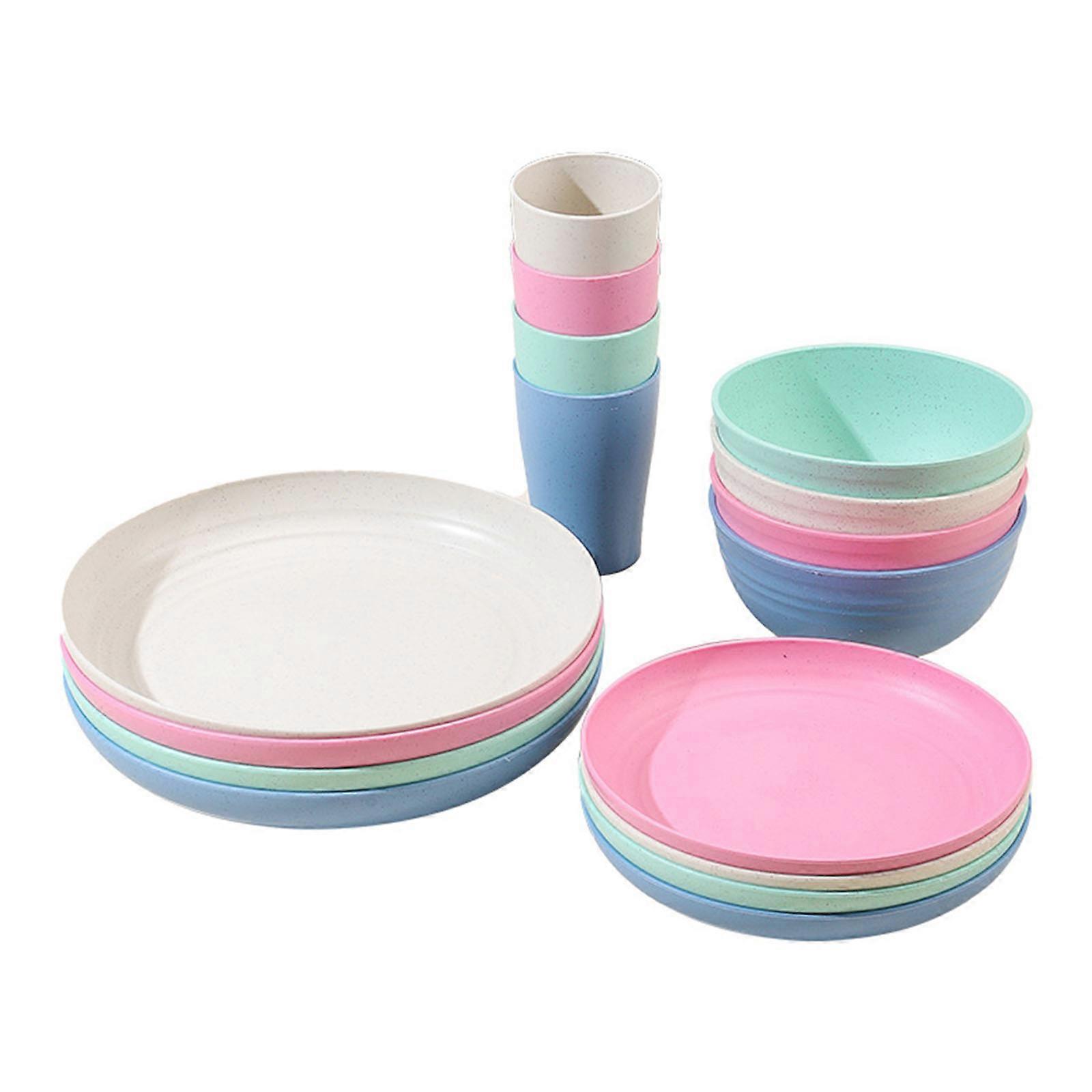 16 Piece Wheat Straw Bowls Cups and Plates Set Shatters Resistant Dinneware with Ergonomic Designs for Daily Meals Multicolor
