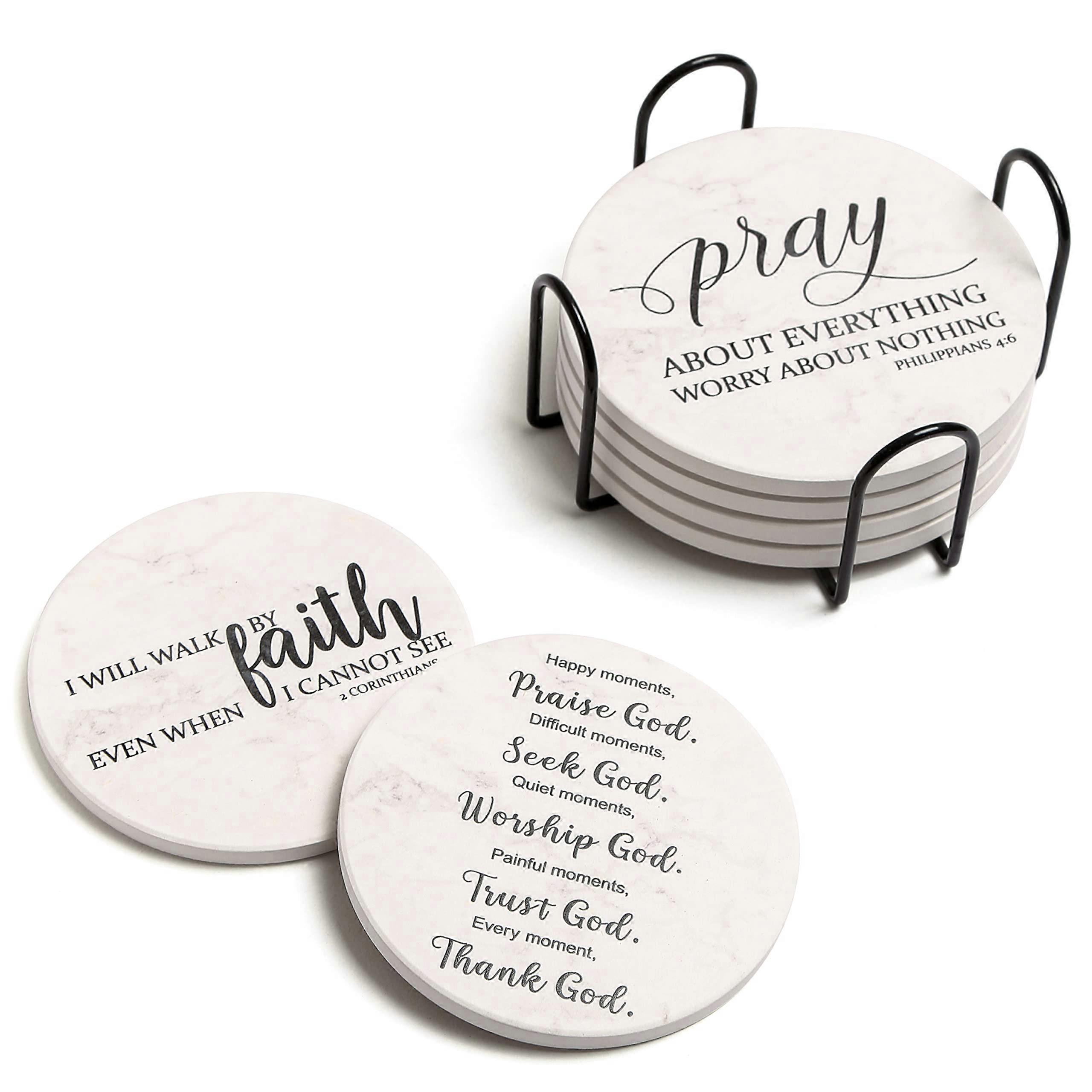 Drink Coasters with Bible Verses, Set of 6 Ceramic with Cork Back for Table Protection