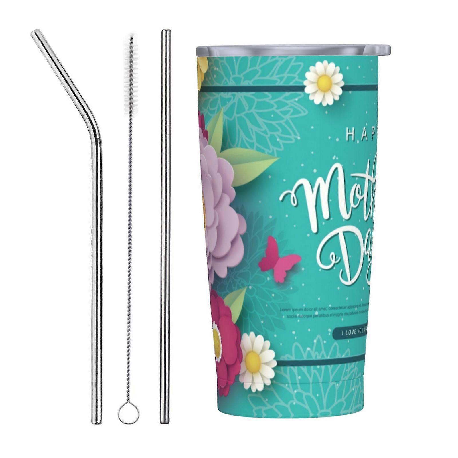 Tasse à café isotherme en acier inoxydable avec paille « Joyeuse fête des Mères » (590 ml) et gobelet isotherme portable (3 pièces)
