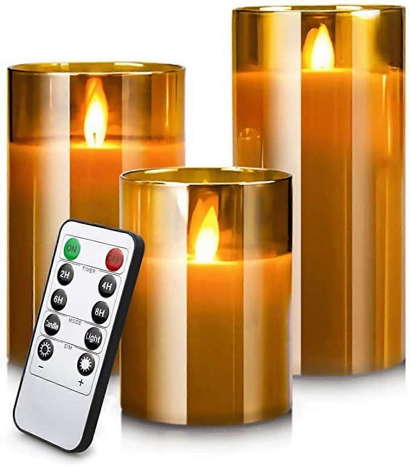 Rechargeable Flameless Candles, Realistic Flickering LED Pillar Wax Candles with Remote & Timer, Compatible with Clear Glass, Set of 3
