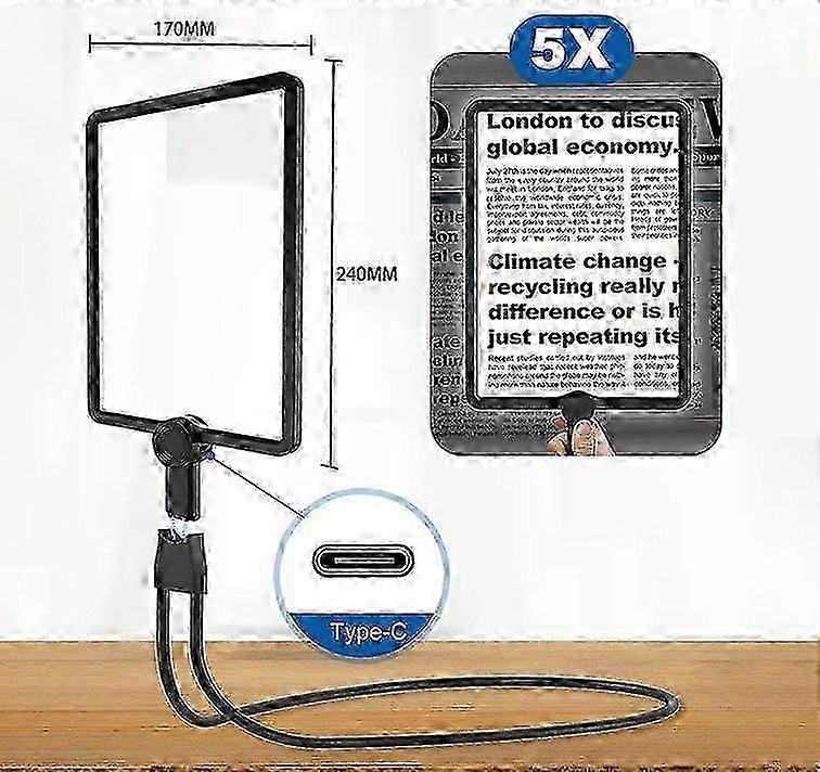5X Large Reading Magnifying Glass with Light, Rechargeable Hands-Free Magnifying Lamp with Flexible Gooseneck, 24x17cm Ultra Clear Lens, Per
