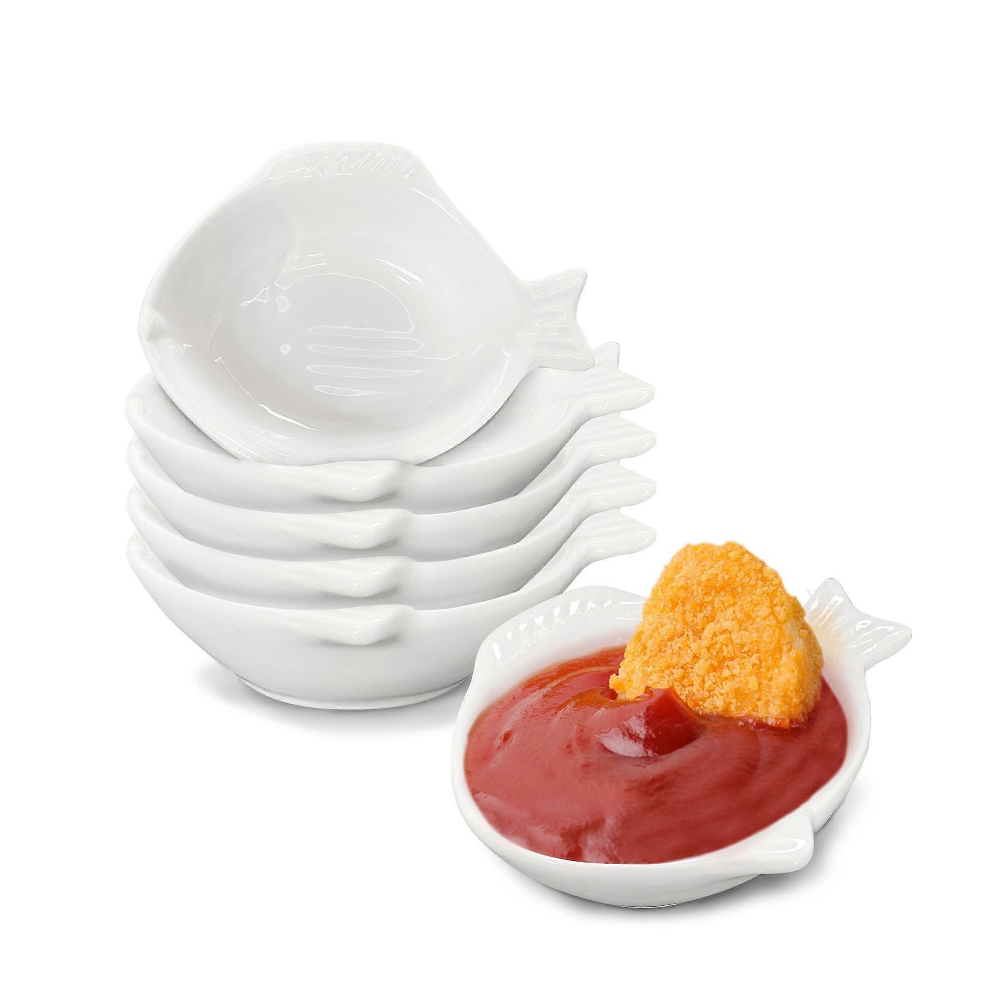 Set of 6 Porcelain Fish Shaped Sauce Dishes, Unique Dipping Bowls for Sushi, Snacks, Condiments