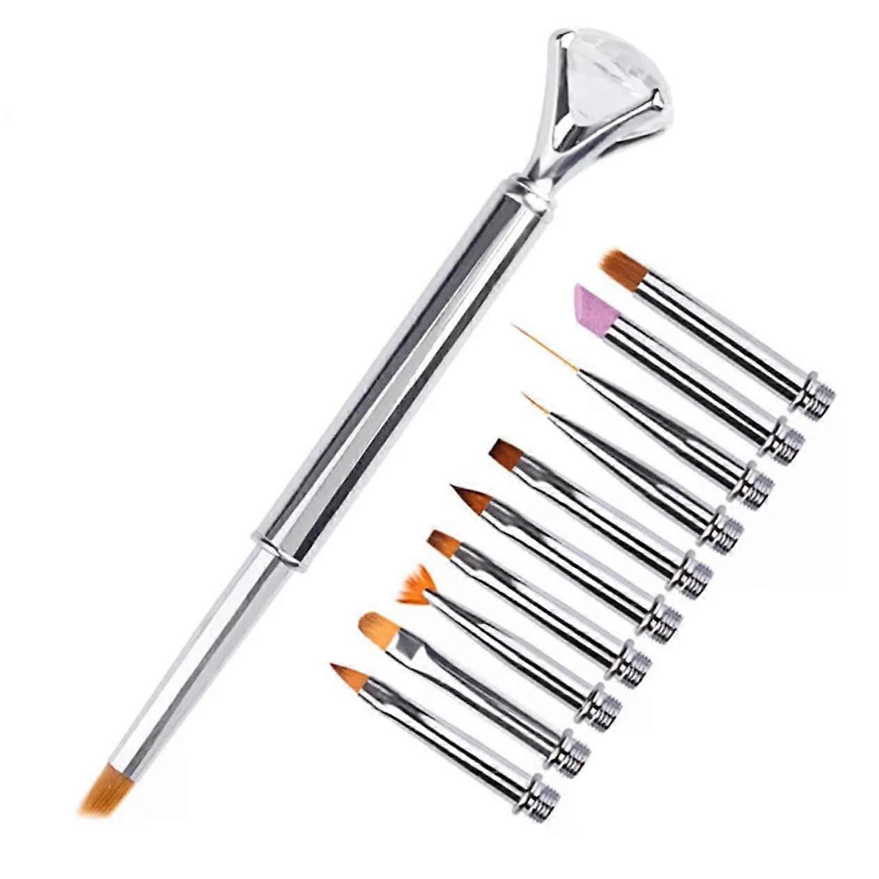 10Pcs Long Handle Nail Art Brush Set with Replaceable Tips, Professional Gel Painting and Dotting Tools