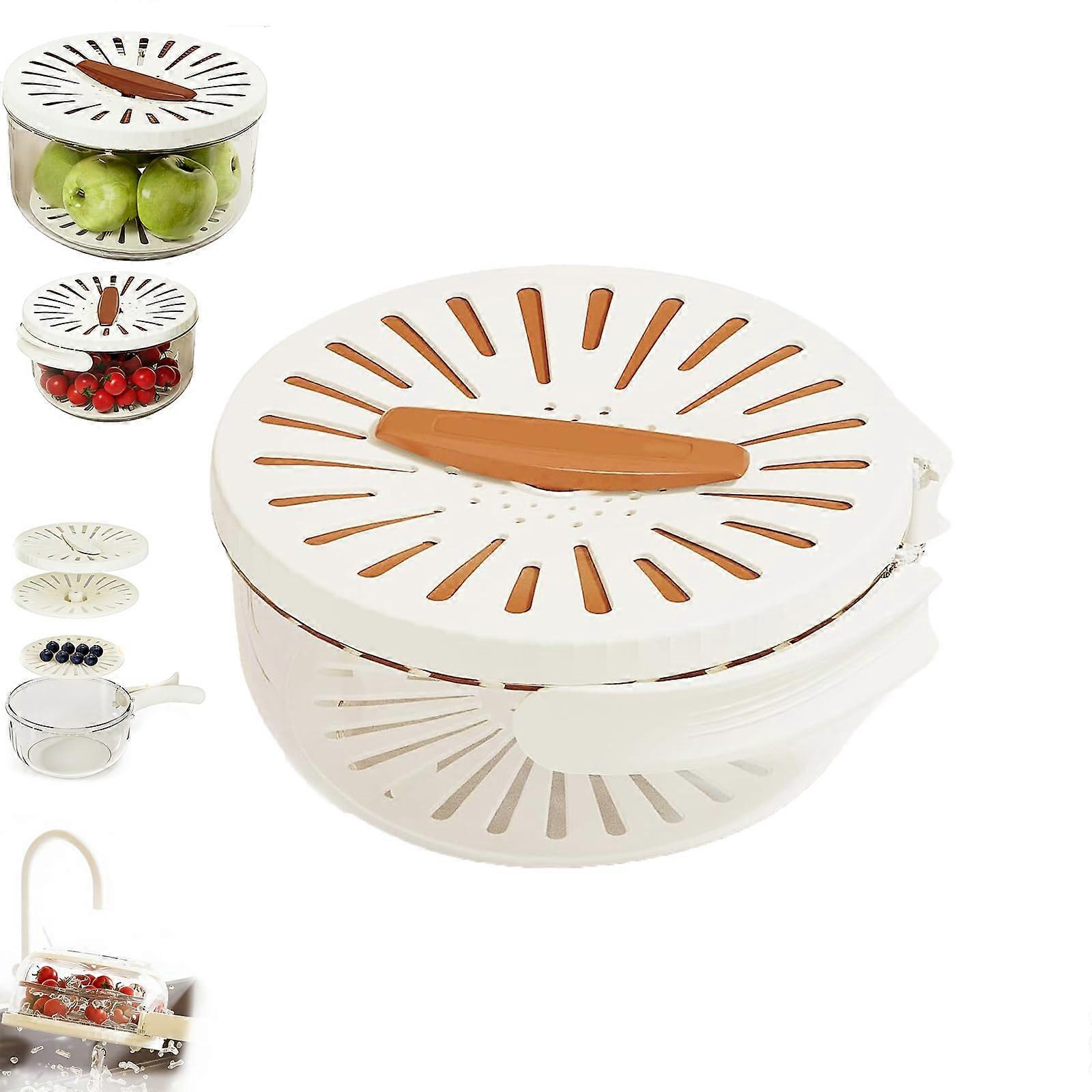 2in1 Fruit and Vegetable Washing Basket with Lid, Stackable DualLayer Draining Bowl Brown
