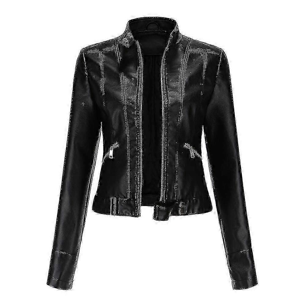 Ladies Casual Zipper Regular-fit Leather Jacket