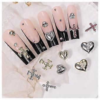 16PCS 3D HeartShaped Cross Nail Charms Alloy Rhinestone Decorations for Luxury Acrylic Nails